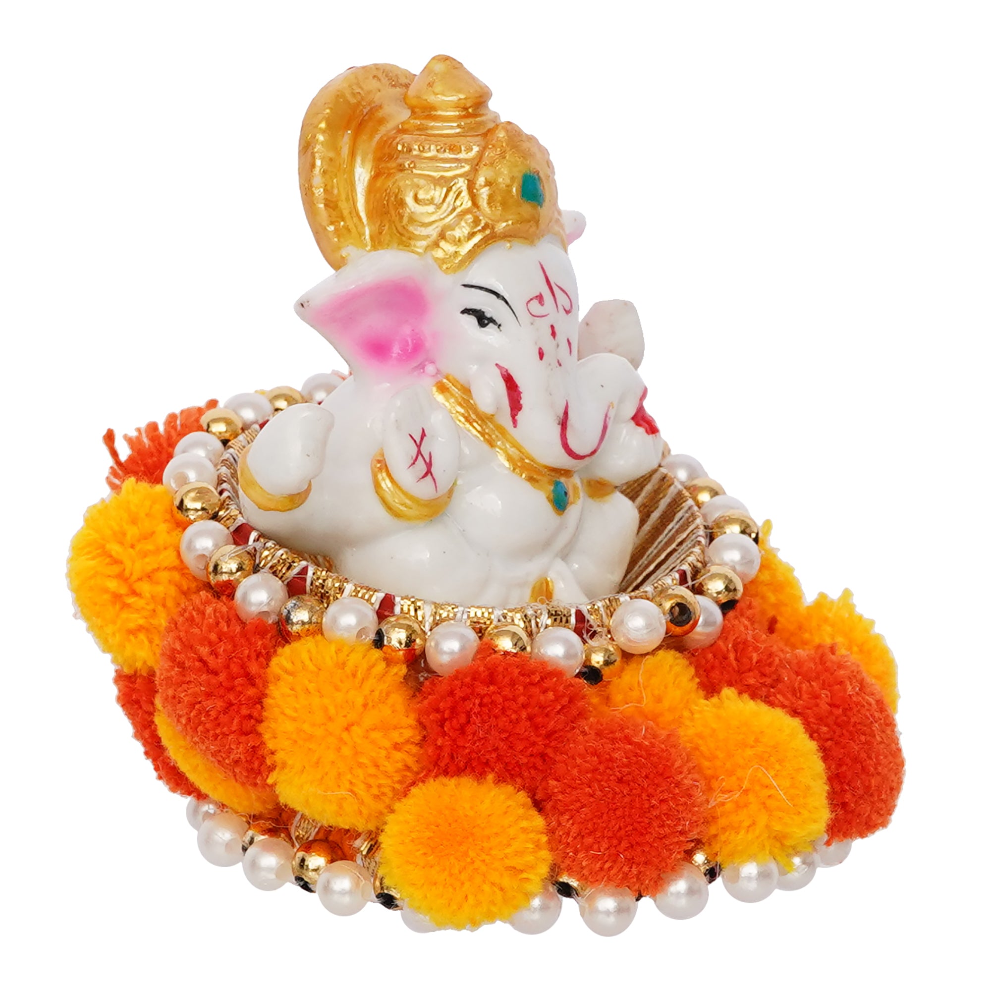 Polyresin Lord Ganesha Idol on Decorative Handcrafted Floral Plate for Home and Car Dashboard 2