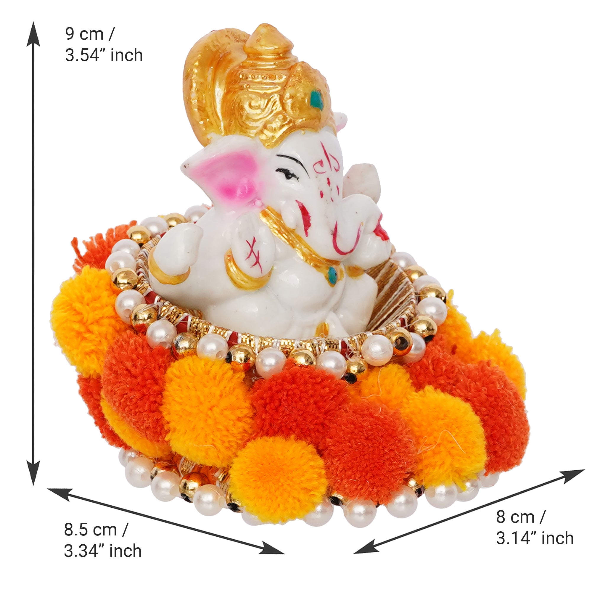 Polyresin Lord Ganesha Idol on Decorative Handcrafted Floral Plate for Home and Car Dashboard 3
