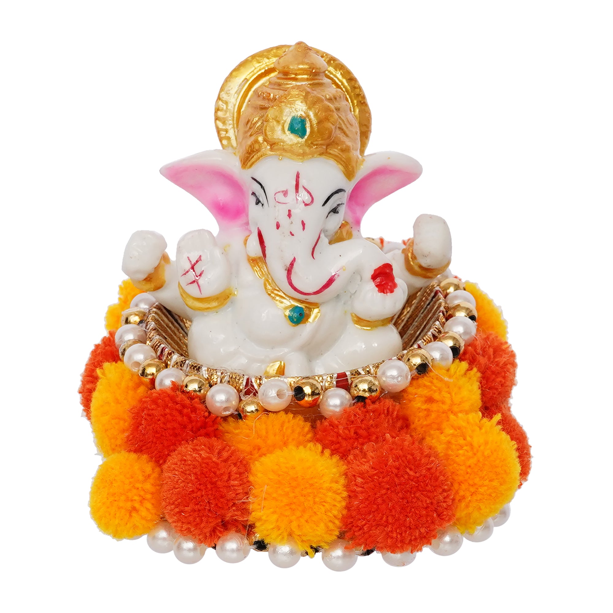 Polyresin Lord Ganesha Idol on Decorative Handcrafted Floral Plate for Home and Car Dashboard 4