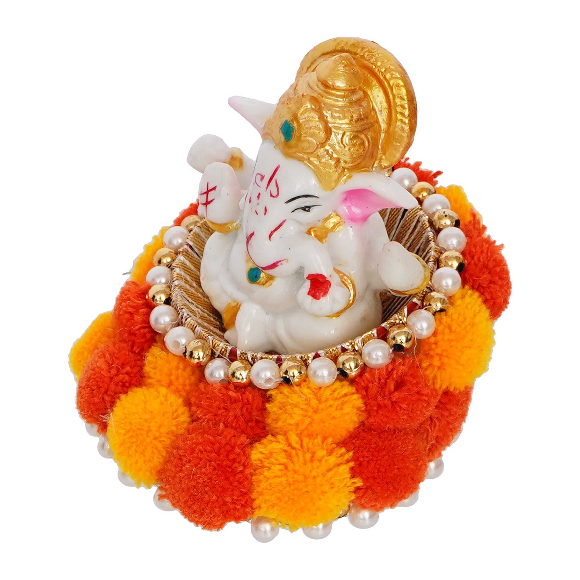 Polyresin Lord Ganesha Idol on Decorative Handcrafted Floral Plate for Home and Car Dashboard 5