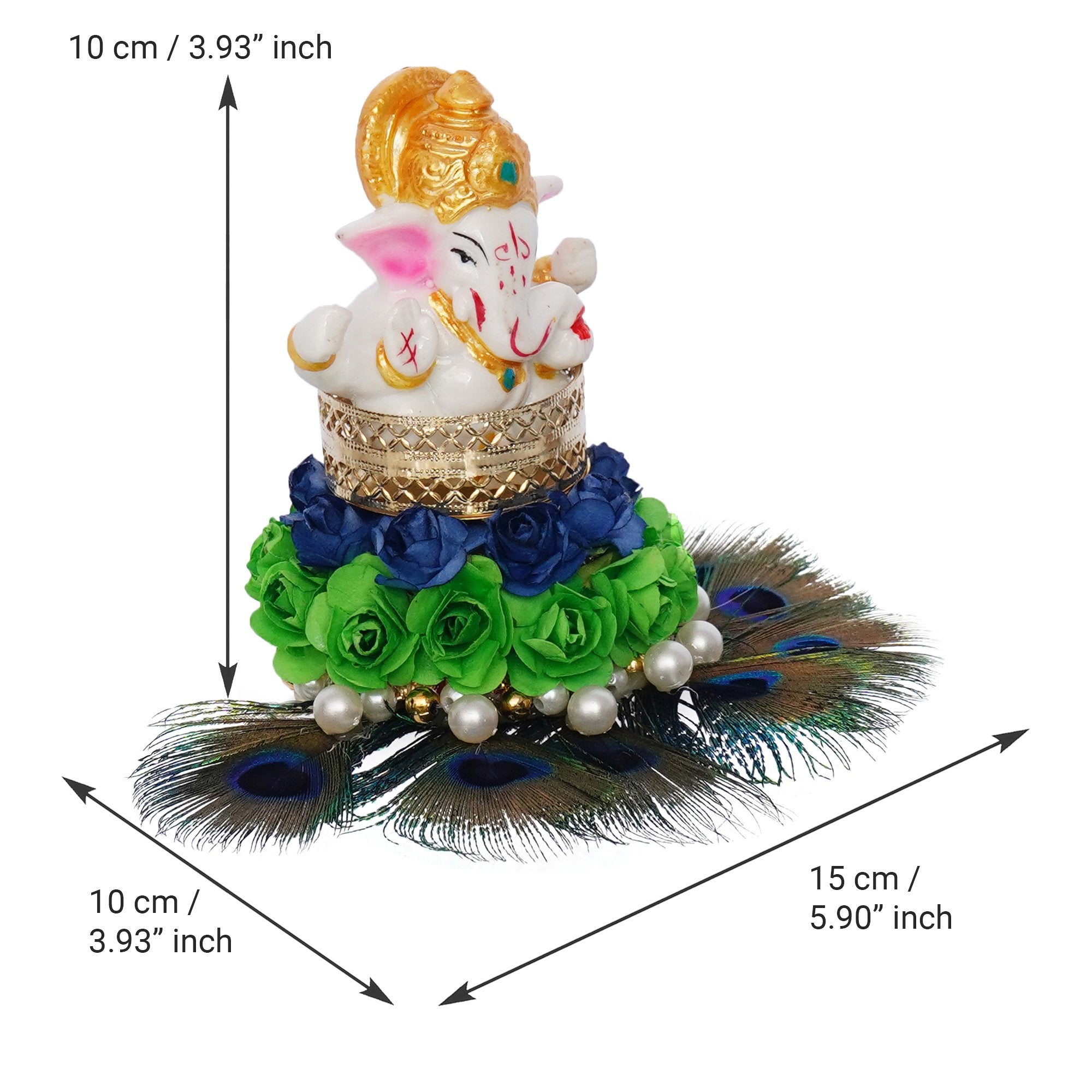 Lord Ganesha Idol on Decorative Handcrafted Floral Plate with Peacock Feather for Home and Car 1