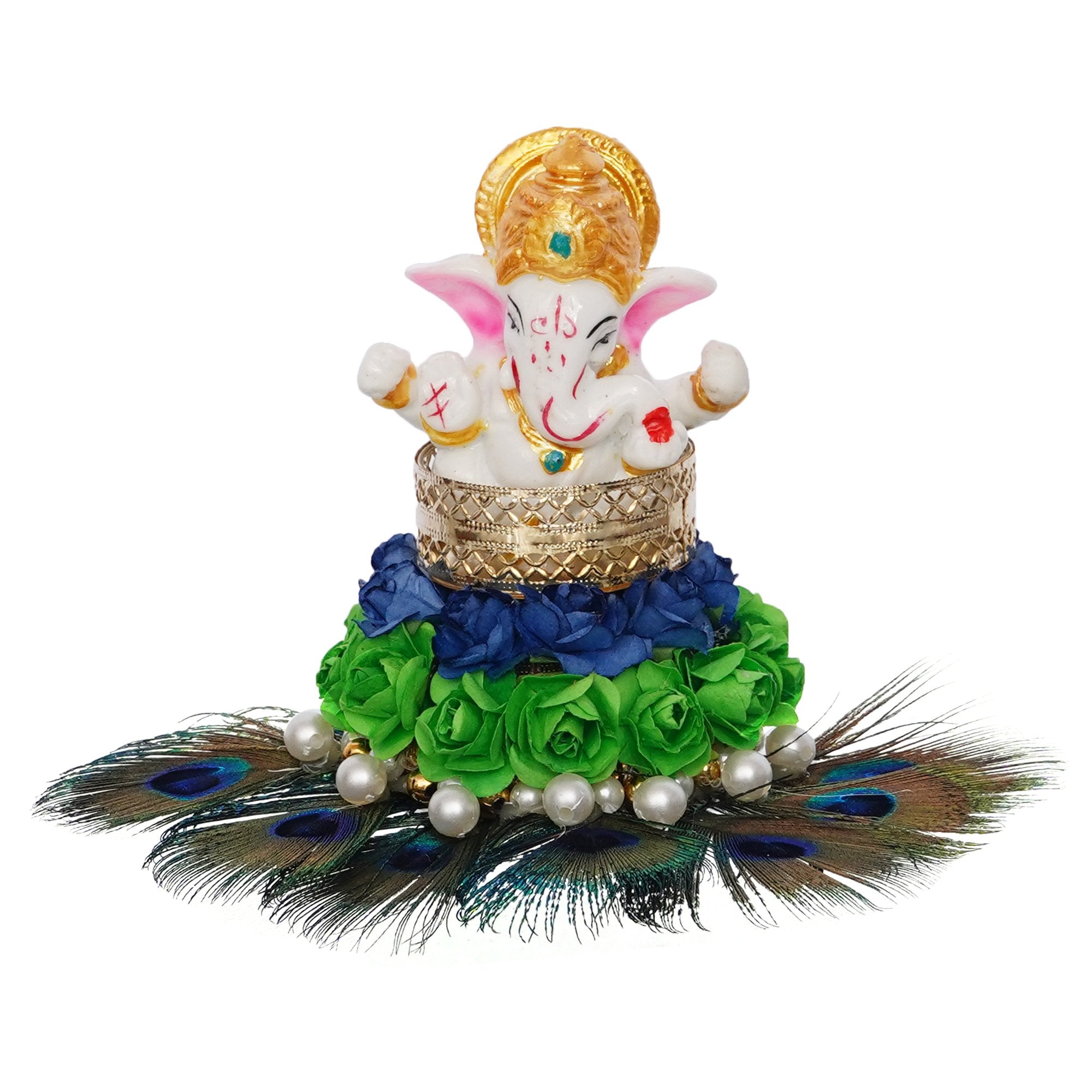 Lord Ganesha Idol on Decorative Handcrafted Floral Plate with Peacock Feather for Home and Car 2
