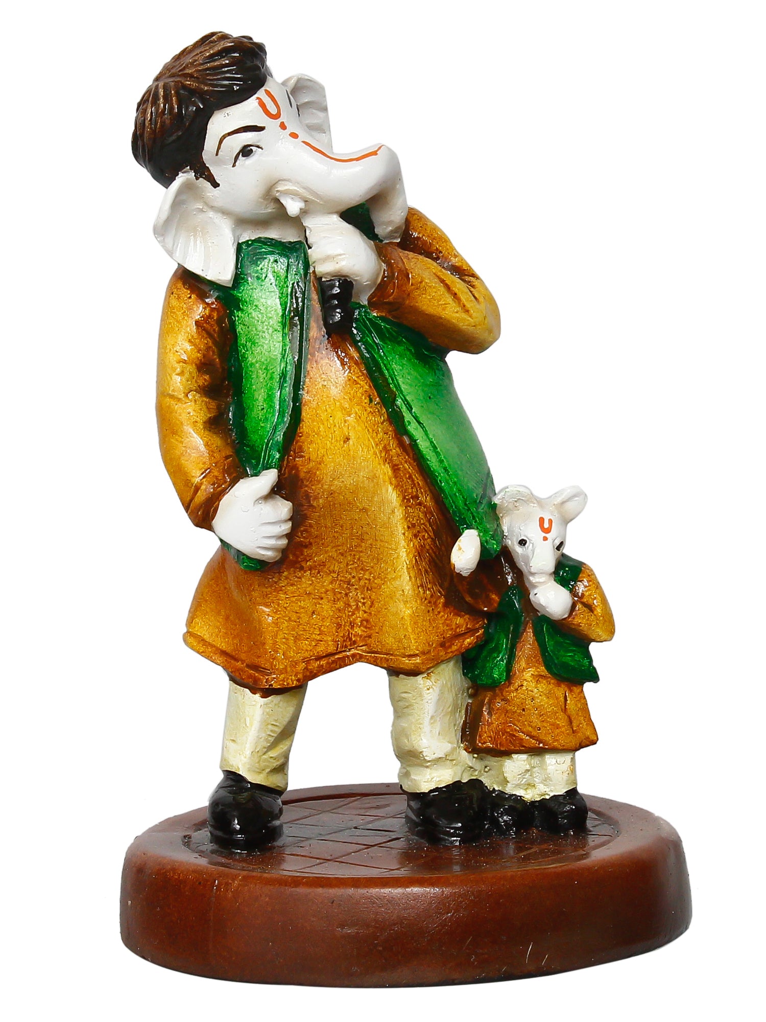 Orange and Green Handcrafted Polyresin Lord Ganesha Idol Singing with Mushak 2