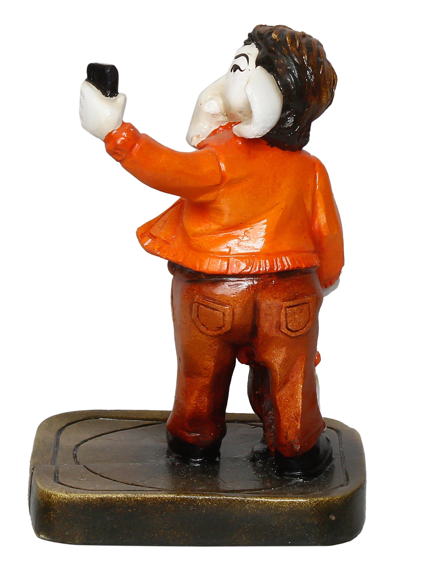Orange and Brown Handcrafted Polyresin Lord Ganesha Idol Taking Selfie with Mushak 5