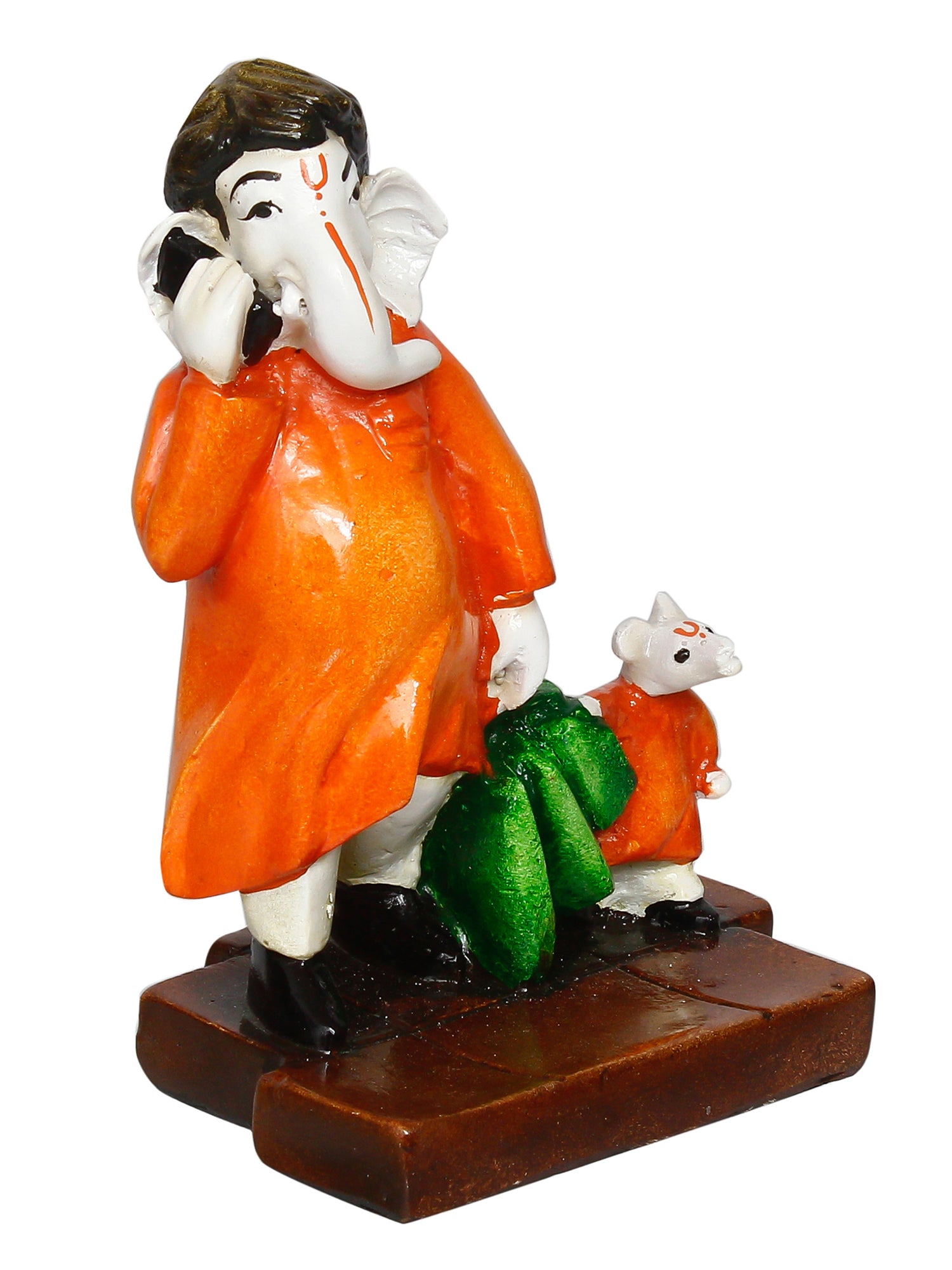 Orange and Green Polyresin Handcrafted Lord Ganesha Idol Doing Shopping with Mushak 2