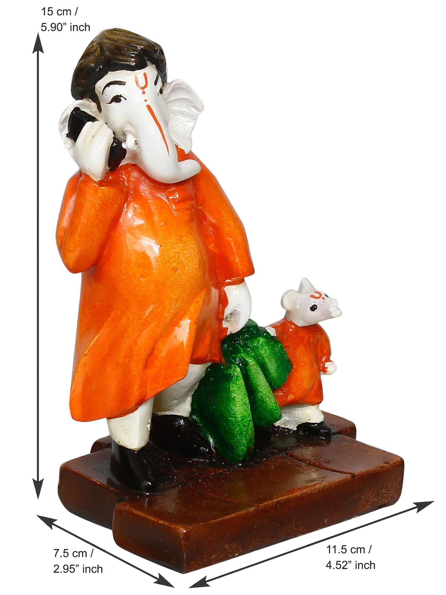 Orange and Green Polyresin Handcrafted Lord Ganesha Idol Doing Shopping with Mushak 3