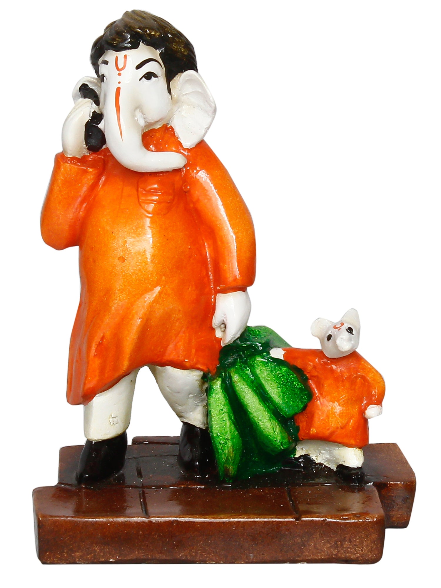 Orange and Green Polyresin Handcrafted Lord Ganesha Idol Doing Shopping with Mushak 4