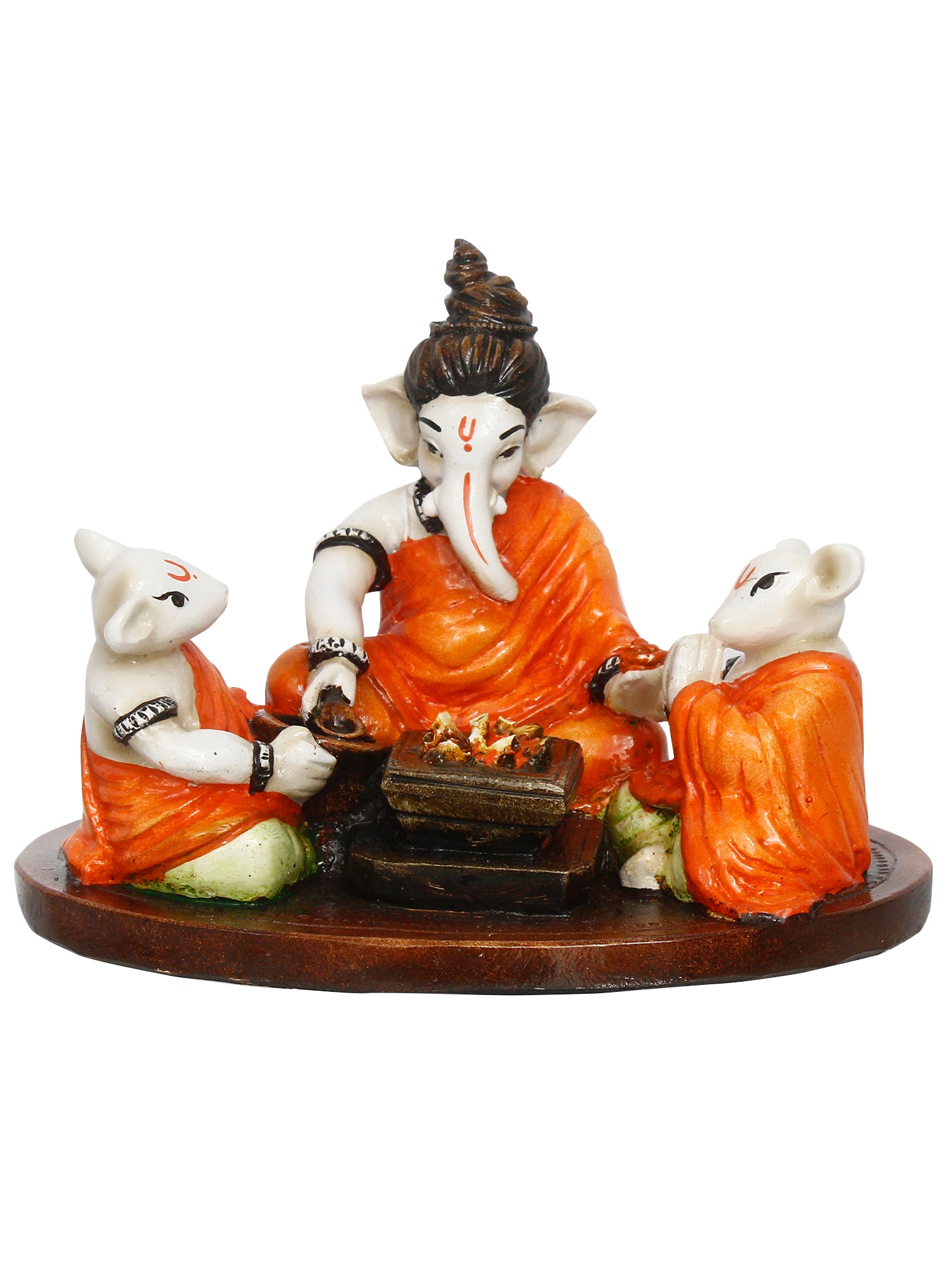 Orange and White Polyresin Handcrafted Lord Ganesha Idol Doing Havan with 2 Mushaks 2