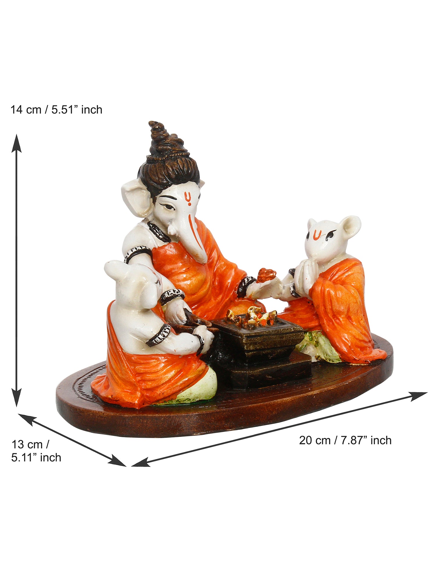Orange and White Polyresin Handcrafted Lord Ganesha Idol Doing Havan with 2 Mushaks 3