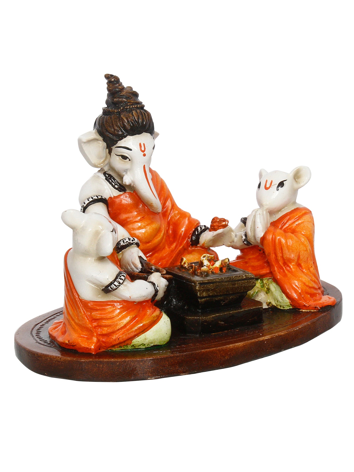 Orange and White Polyresin Handcrafted Lord Ganesha Idol Doing Havan with 2 Mushaks 4