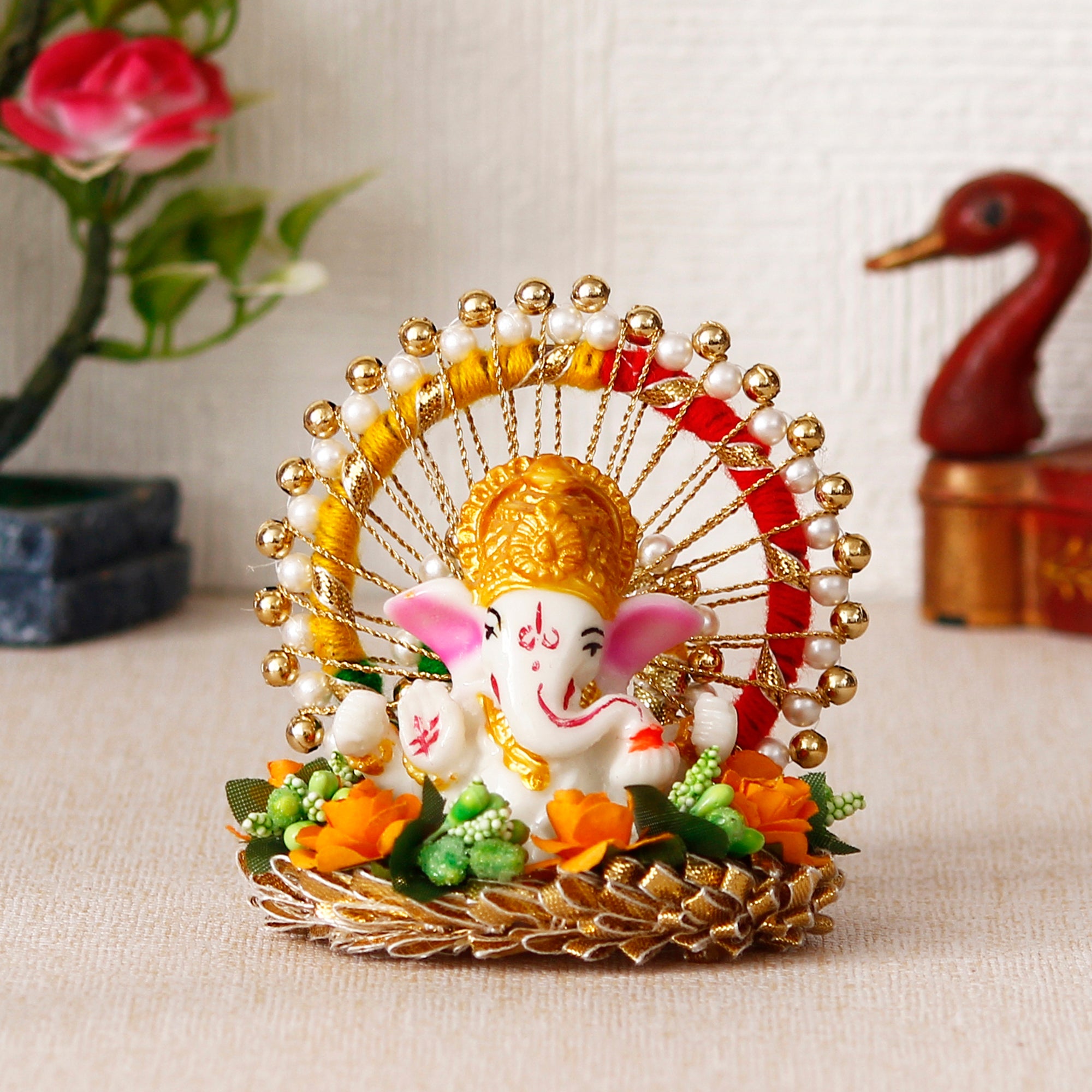Lord Ganesha Idol On Floral Handicrafted Plate For Home/Temple/Office/Car Dashboard 1