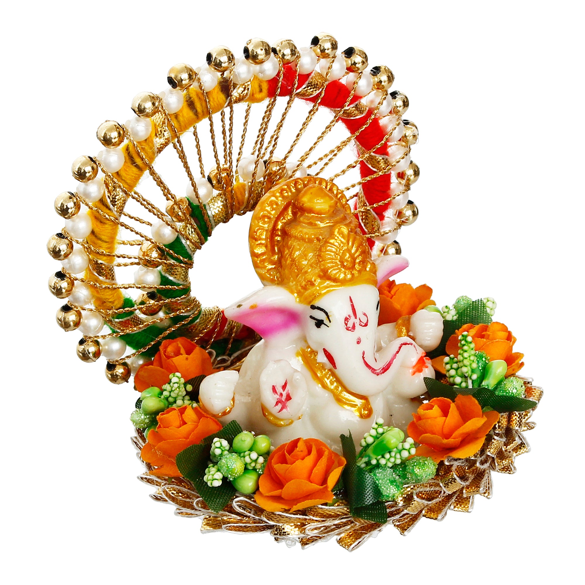 Lord Ganesha Idol On Floral Handicrafted Plate For Home/Temple/Office/Car Dashboard 2