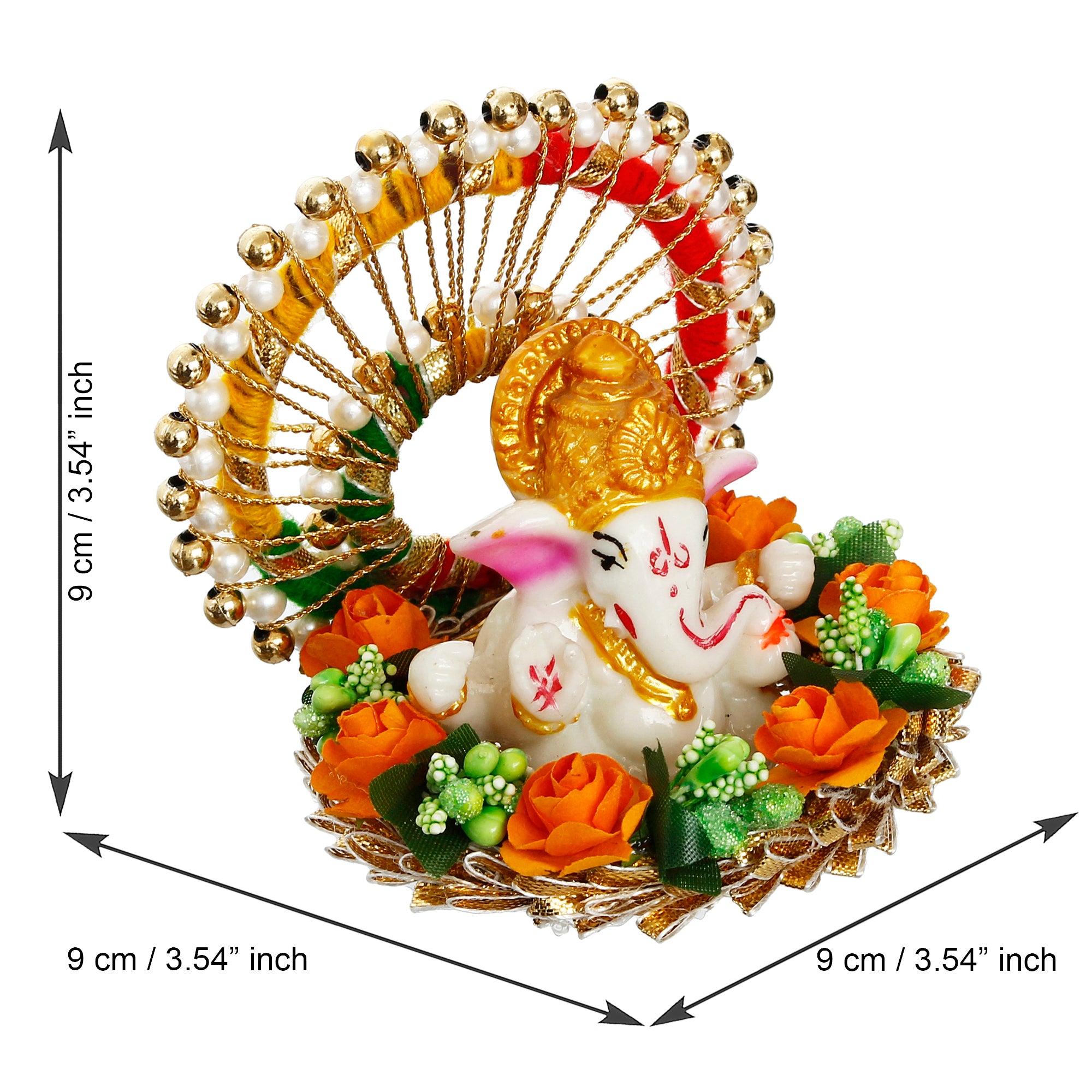 Lord Ganesha Idol On Floral Handicrafted Plate For Home/Temple/Office/Car Dashboard 3