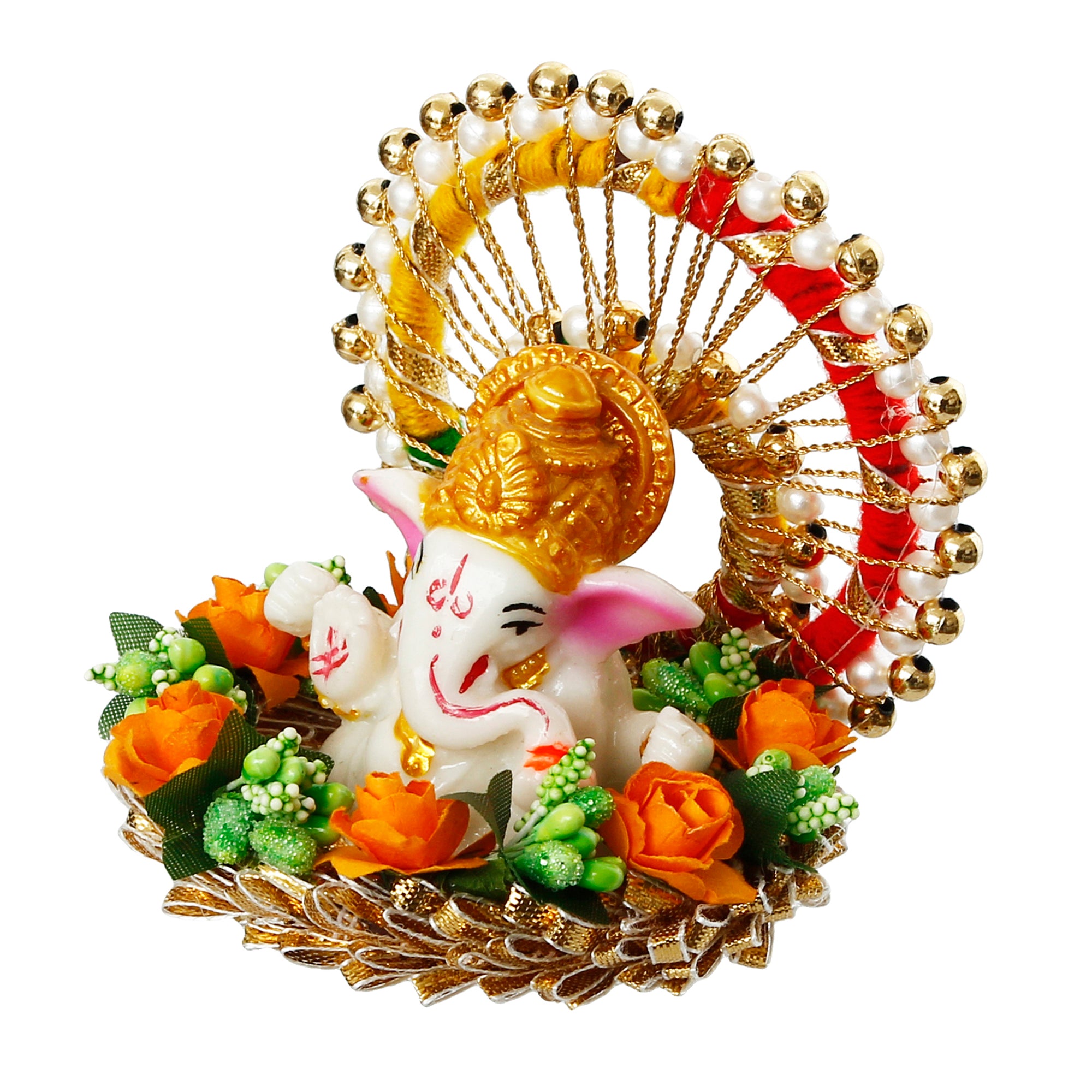 Lord Ganesha Idol On Floral Handicrafted Plate For Home/Temple/Office/Car Dashboard 5