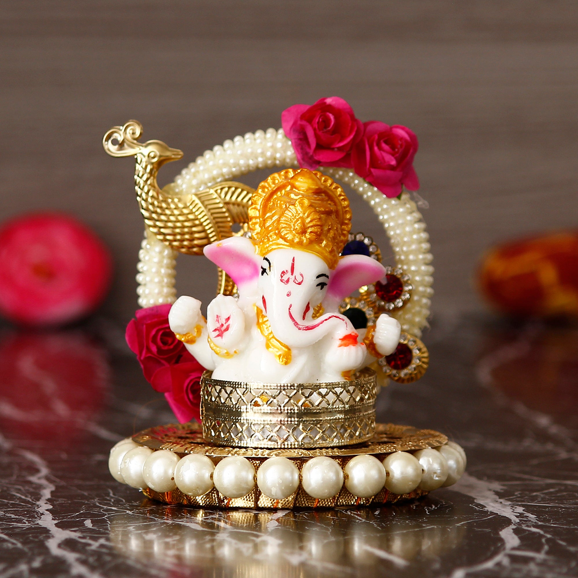 Lord Ganesha Idol On Peacock Design Decorative Handicrafted Plate For Home/Temple/Office/Car Dashboard 1