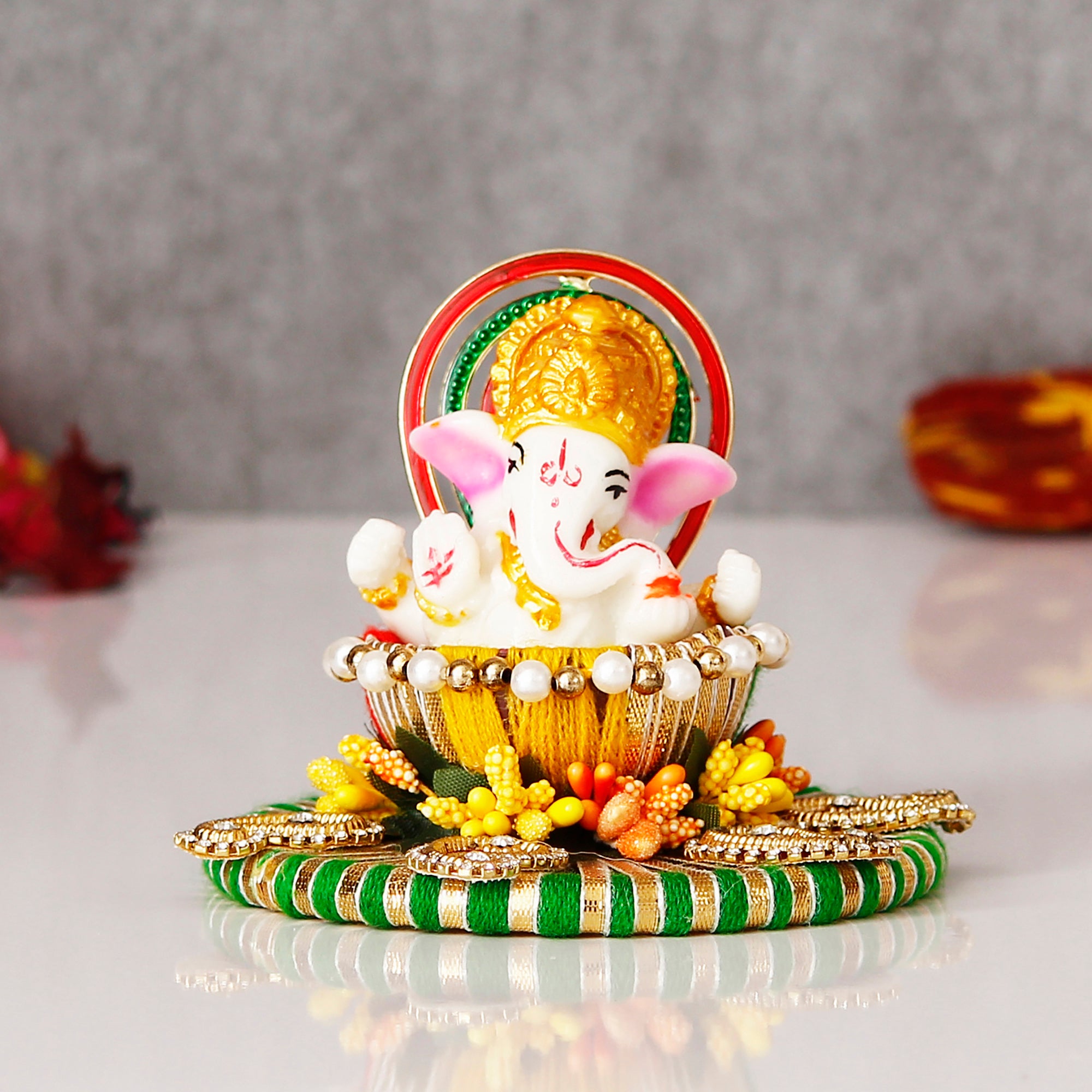 Lord Ganesha Idol on Decorative Handcrafted Singhasan for Home/Temple/Office/Car Dashboard 1
