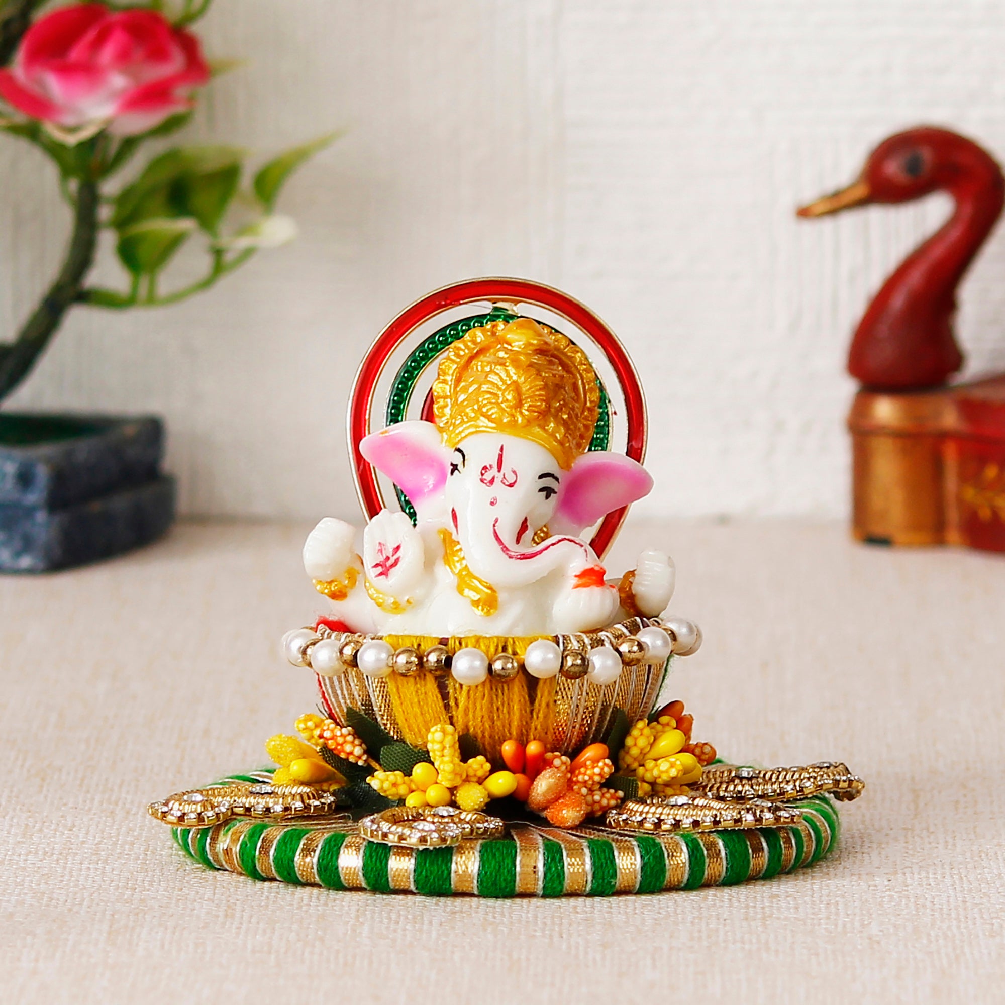 Lord Ganesha Idol on Decorative Handcrafted Singhasan for Home/Temple/Office/Car Dashboard
