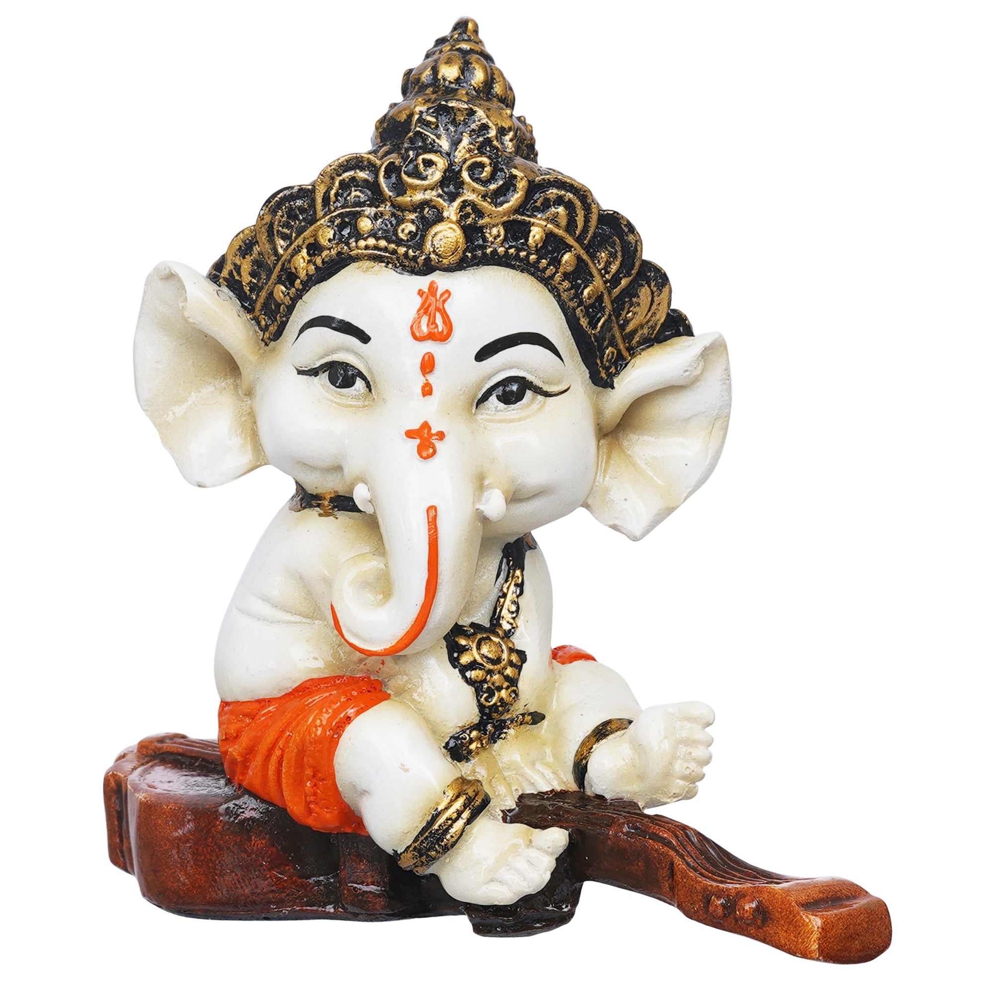 eCraftIndia Orange Polyresin Decorated Lord Ganesha Idol Sitting on Veena Musical Instrument 2