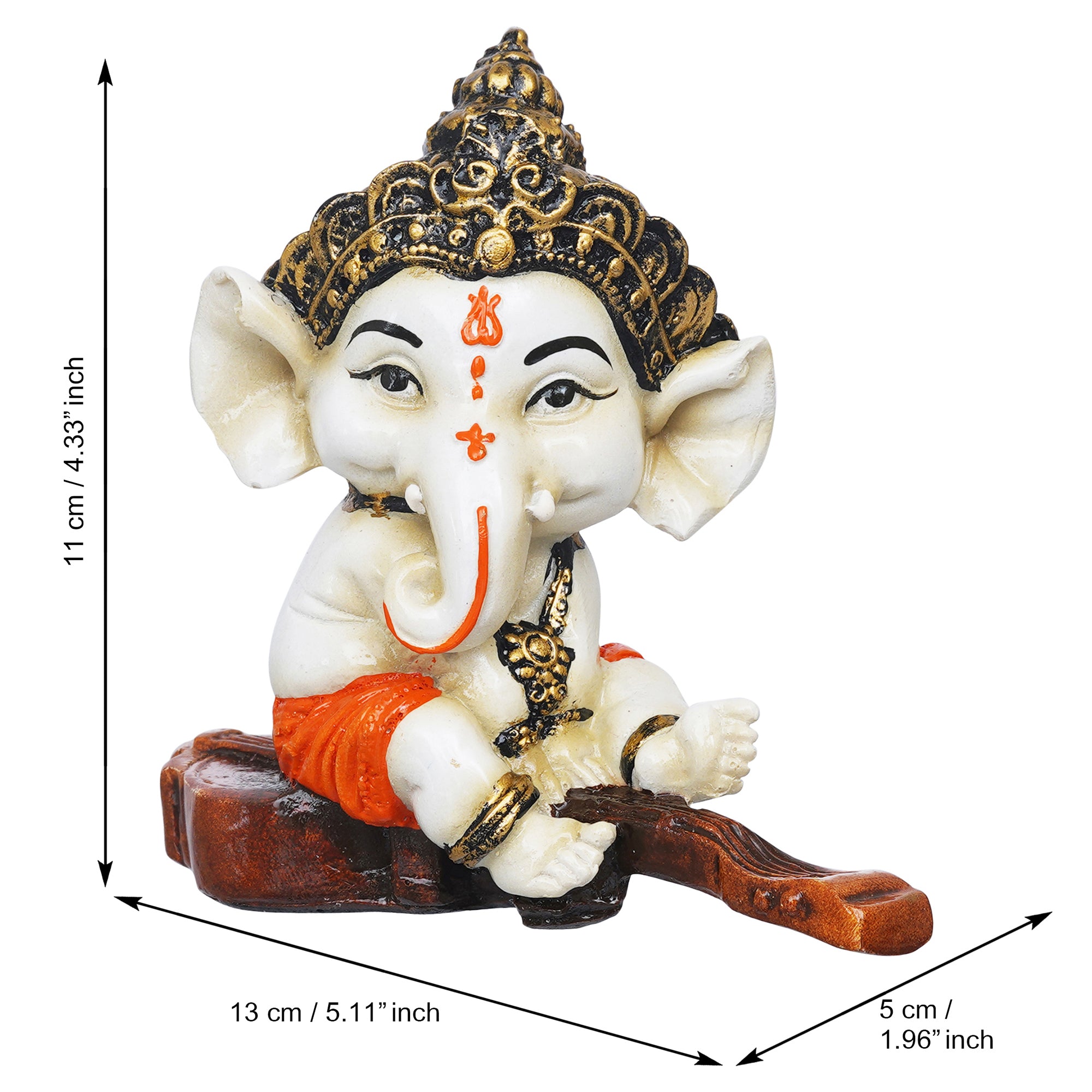 eCraftIndia Orange Polyresin Decorated Lord Ganesha Idol Sitting on Veena Musical Instrument 3