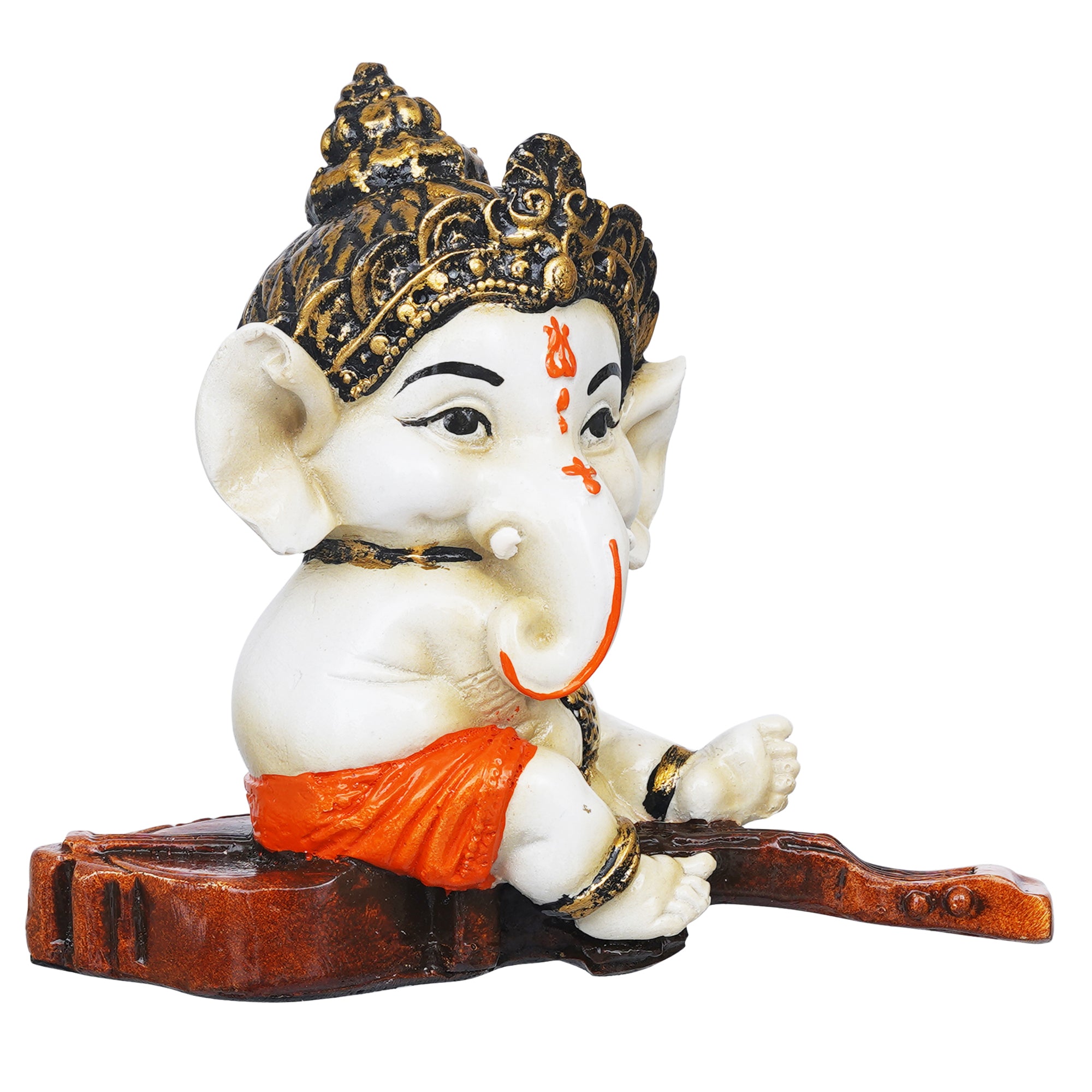 eCraftIndia Orange Polyresin Decorated Lord Ganesha Idol Sitting on Veena Musical Instrument 6