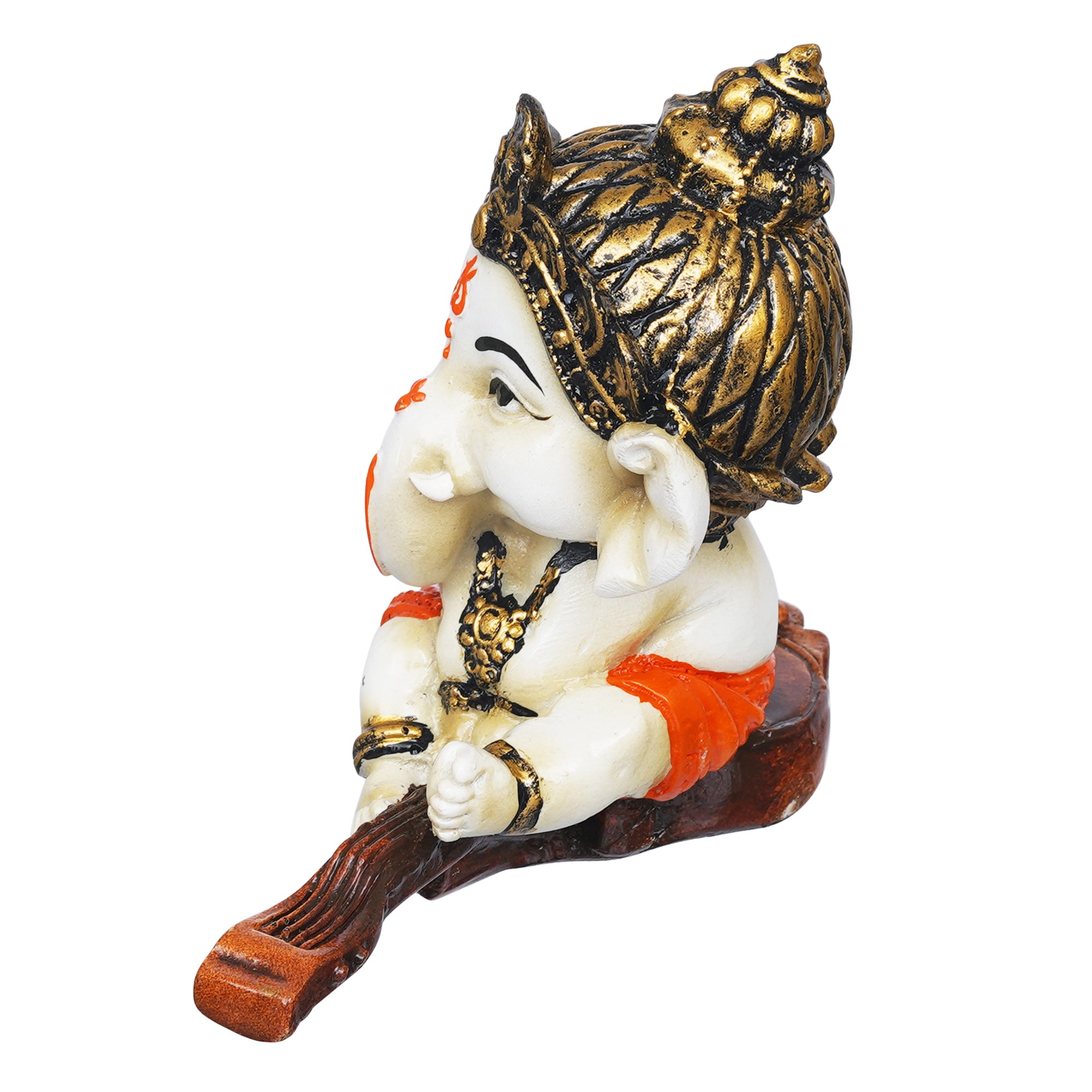 eCraftIndia Orange Polyresin Decorated Lord Ganesha Idol Sitting on Veena Musical Instrument 7