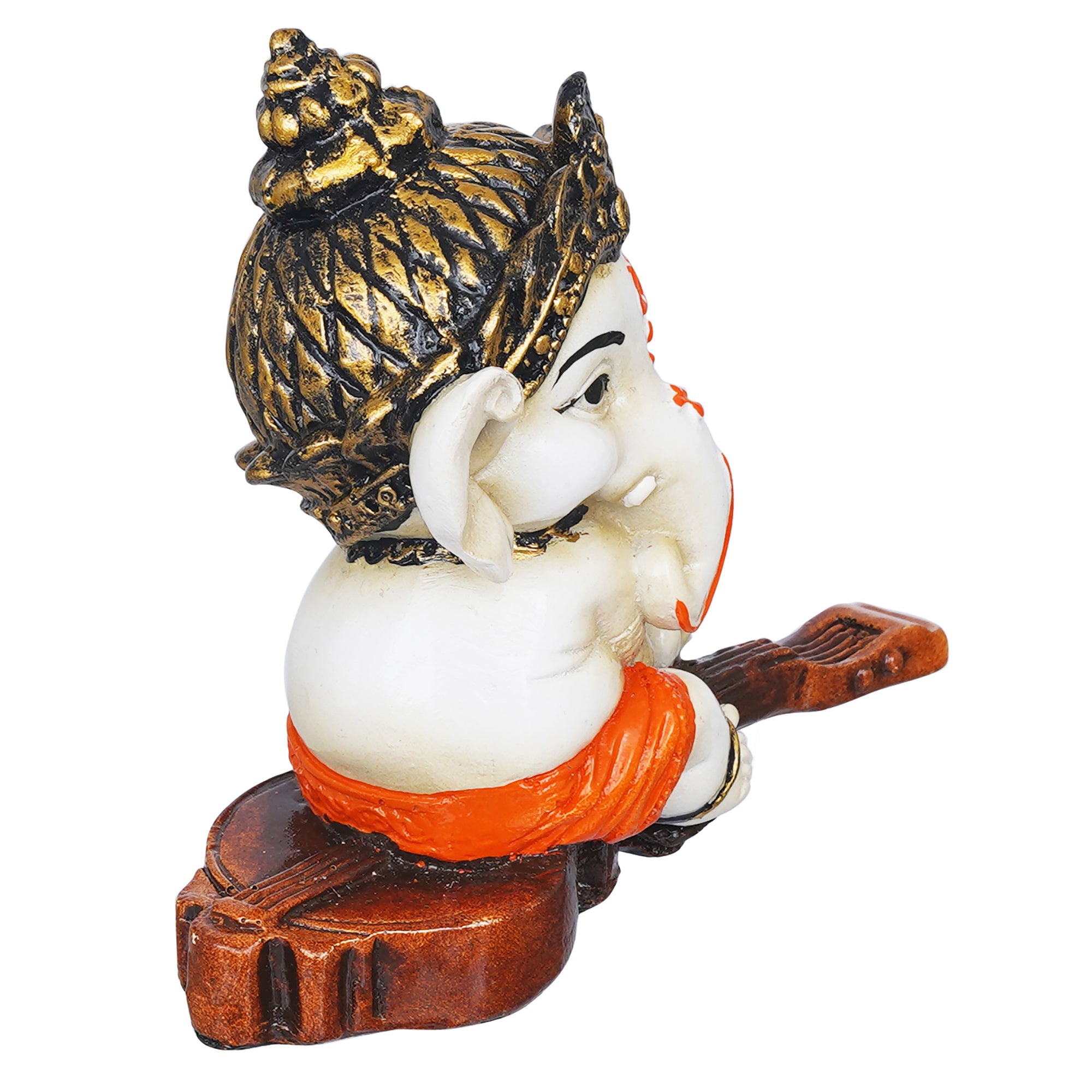 eCraftIndia Orange Polyresin Decorated Lord Ganesha Idol Sitting on Veena Musical Instrument 8