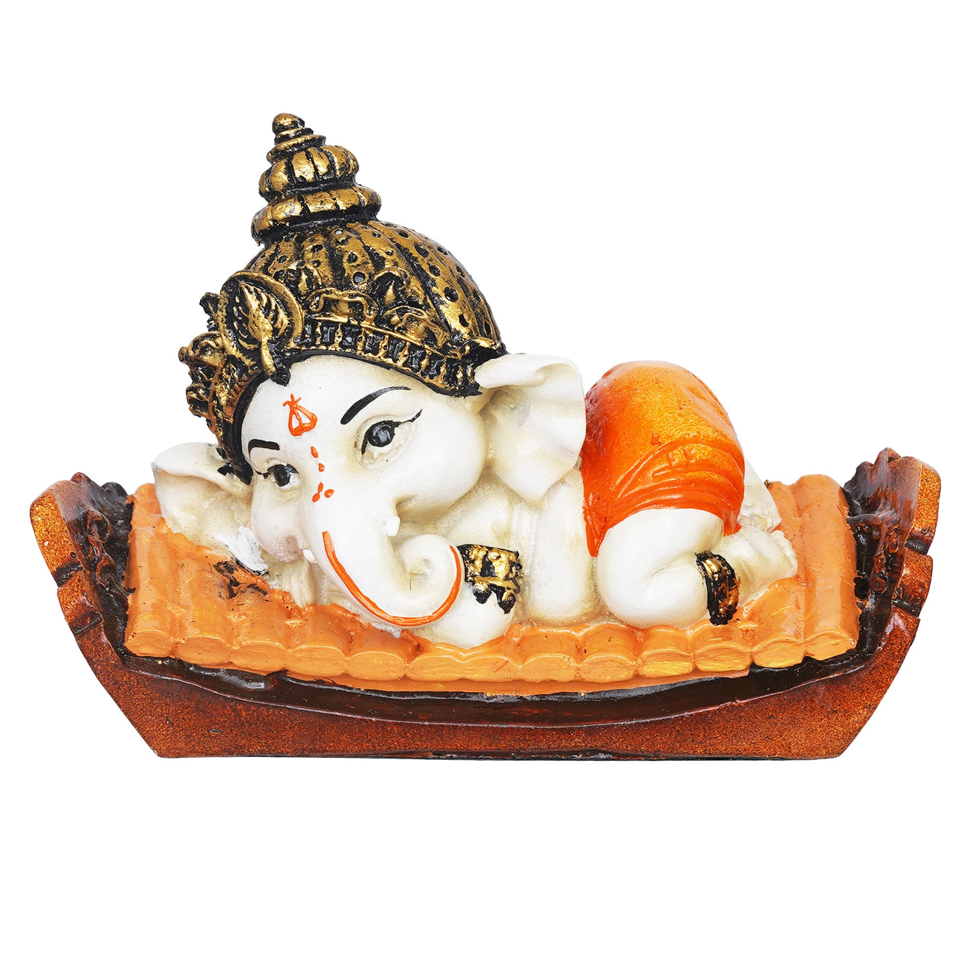 eCraftIndia Orange Handcrafted Polyresin Decorated Lord Ganesha Idol Sitting on Musical Instrument 2