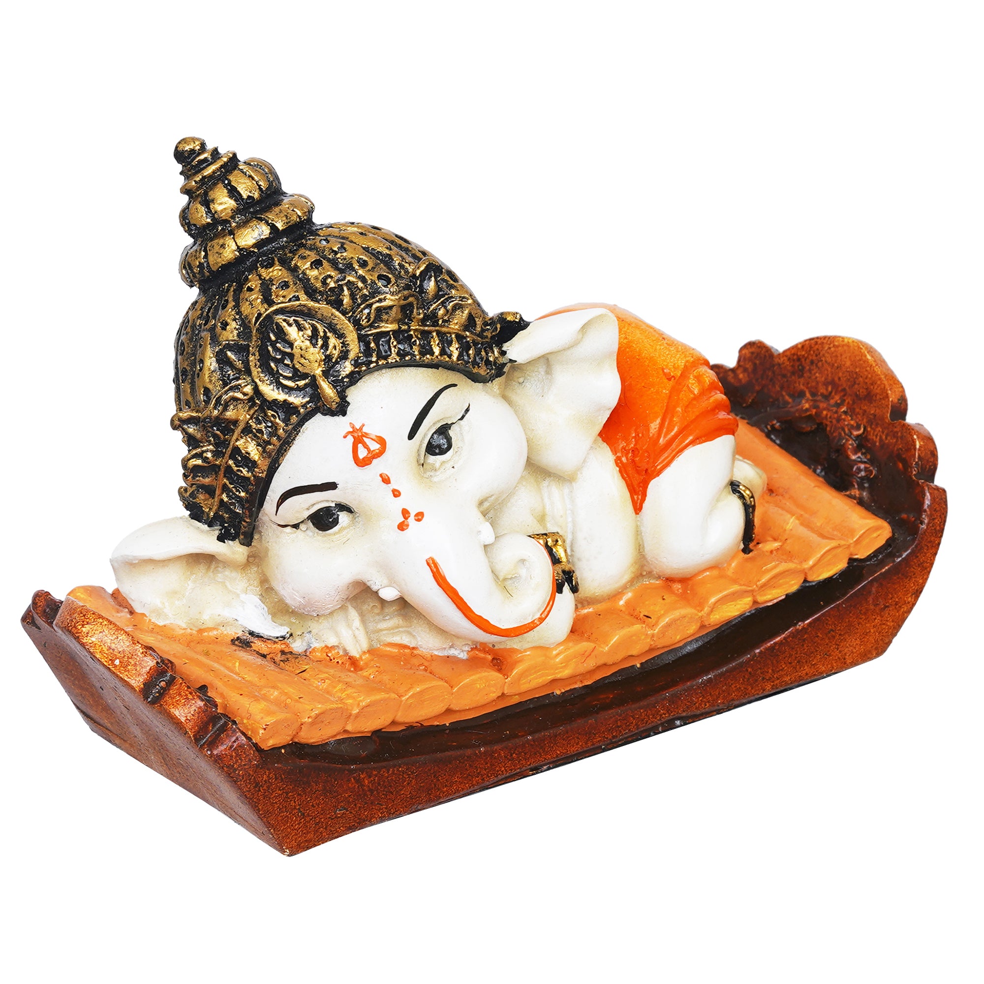 eCraftIndia Orange Handcrafted Polyresin Decorated Lord Ganesha Idol Sitting on Musical Instrument 6