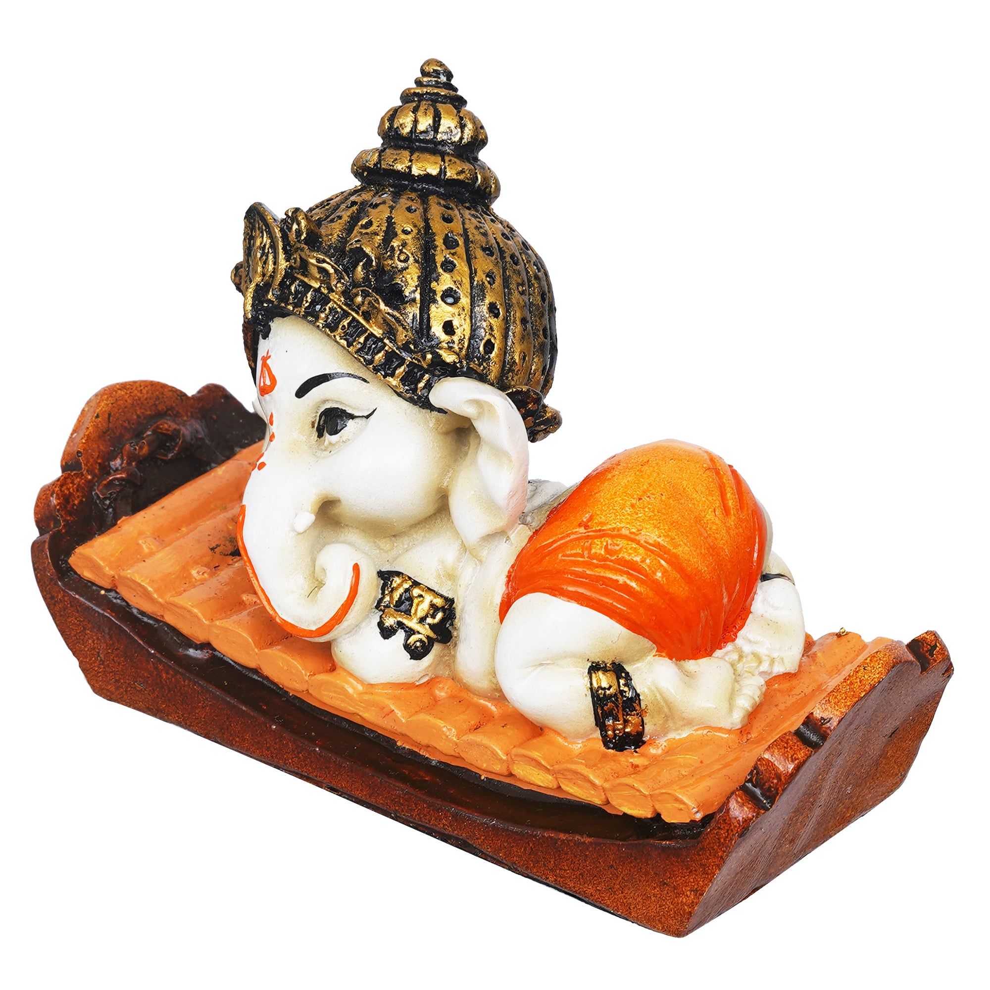 eCraftIndia Orange Handcrafted Polyresin Decorated Lord Ganesha Idol Sitting on Musical Instrument 7