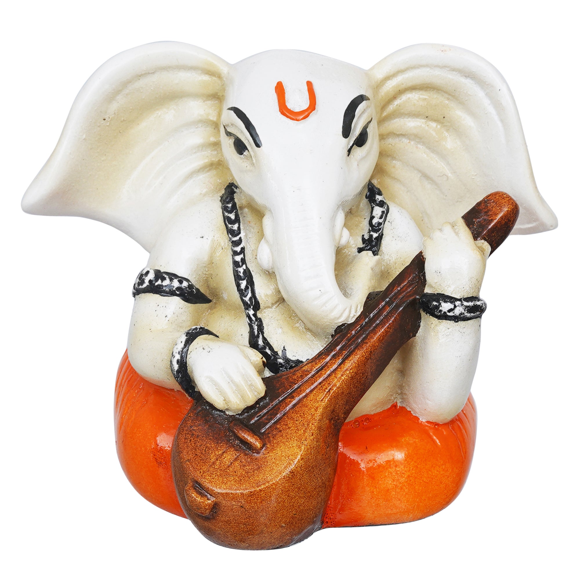 eCraftIndia White & Orange Polyresin Handcrafted Lord Ganesha Idol Playing Veena 2