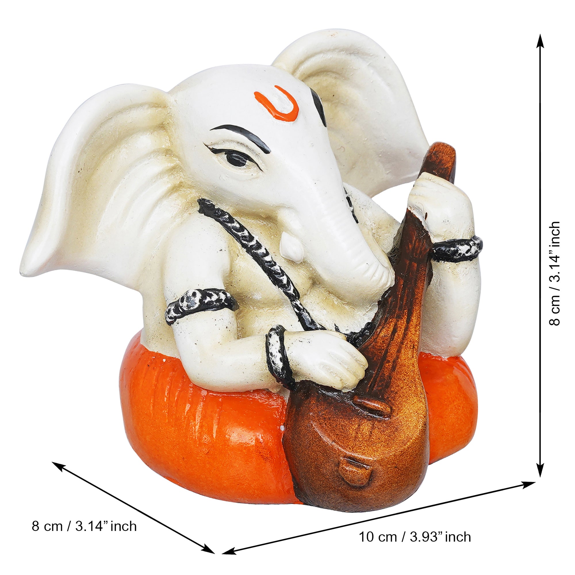 eCraftIndia White & Orange Polyresin Handcrafted Lord Ganesha Idol Playing Veena 3