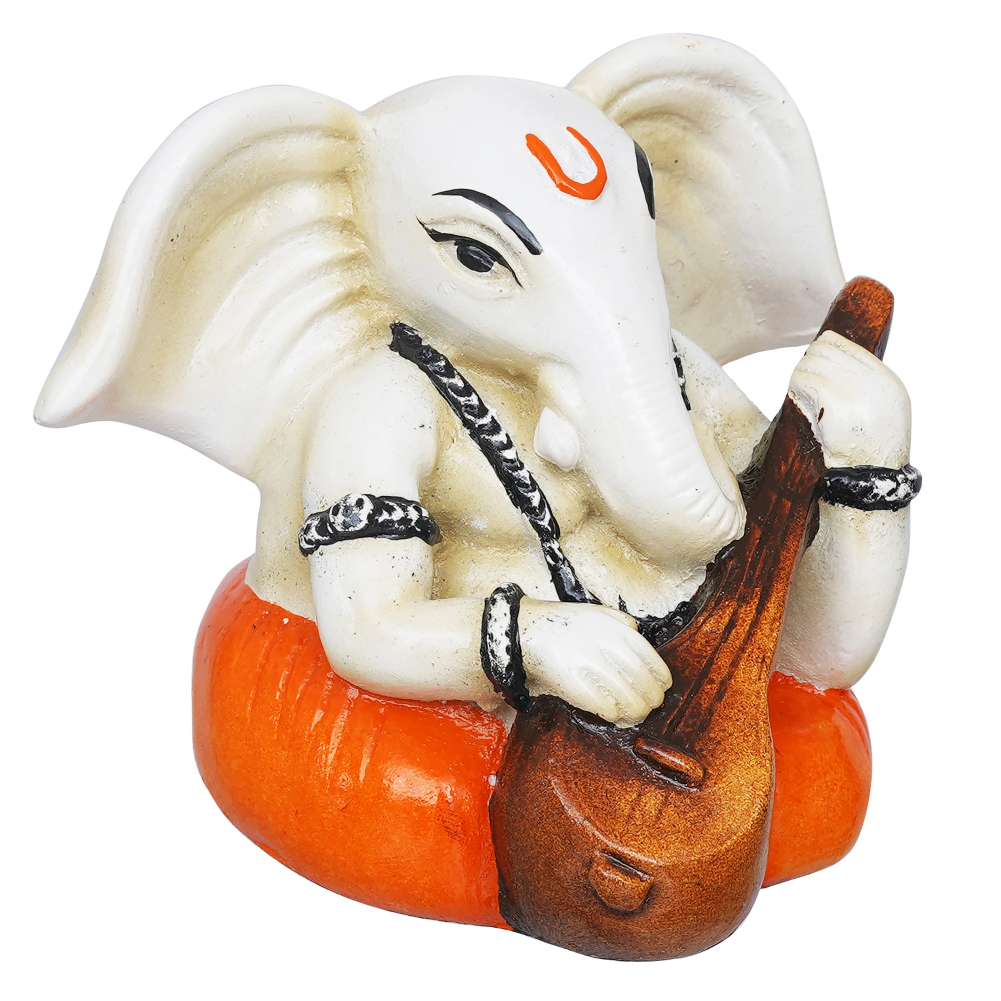 eCraftIndia White & Orange Polyresin Handcrafted Lord Ganesha Idol Playing Veena 6
