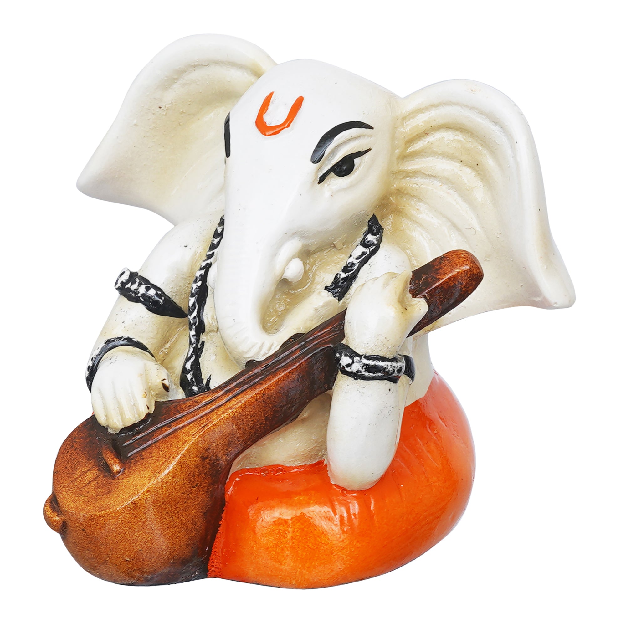 eCraftIndia White & Orange Polyresin Handcrafted Lord Ganesha Idol Playing Veena 7