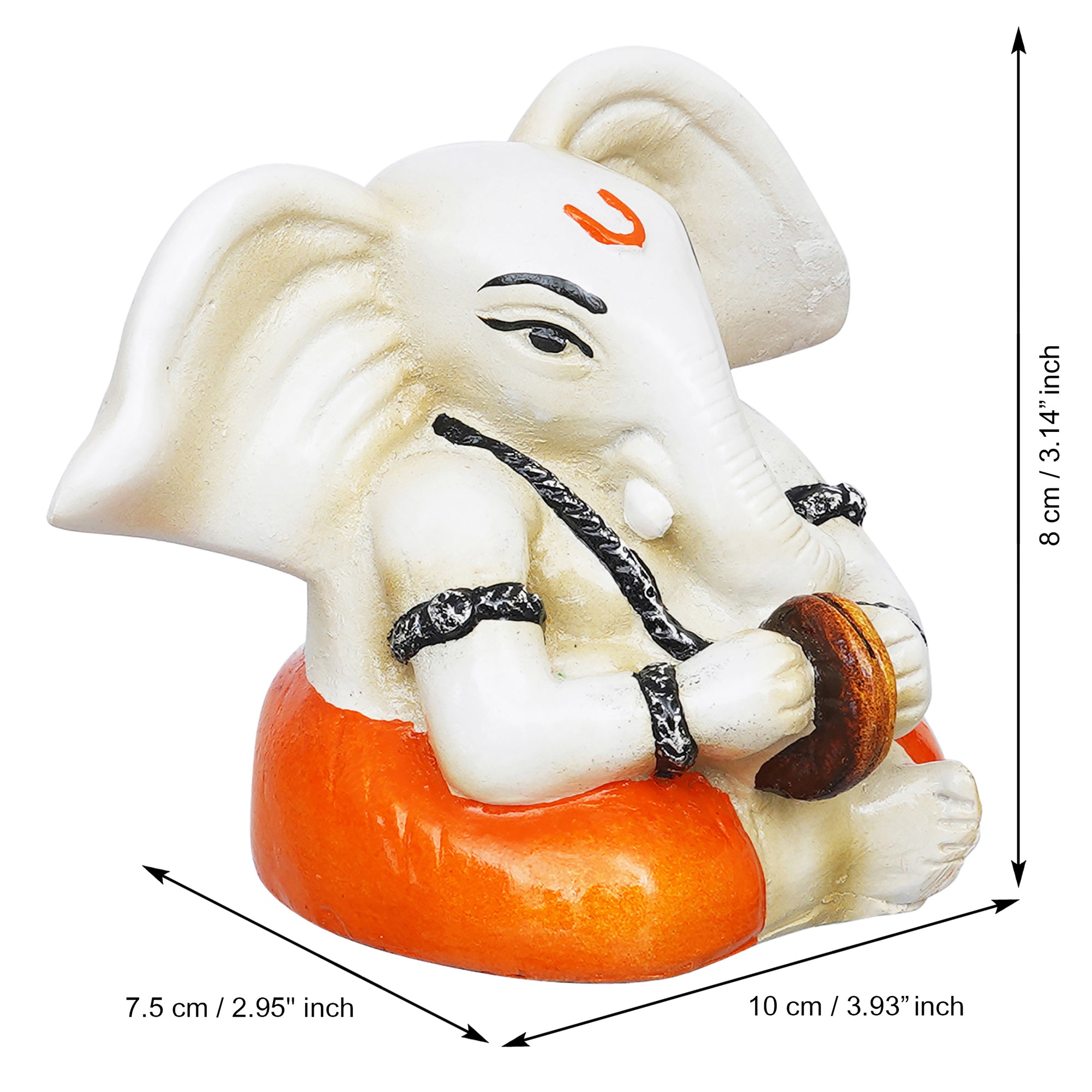 eCraftIndia White & Orange Polyresin Lord Ganesha Idol Playing Cymbals Musical Instrument 3