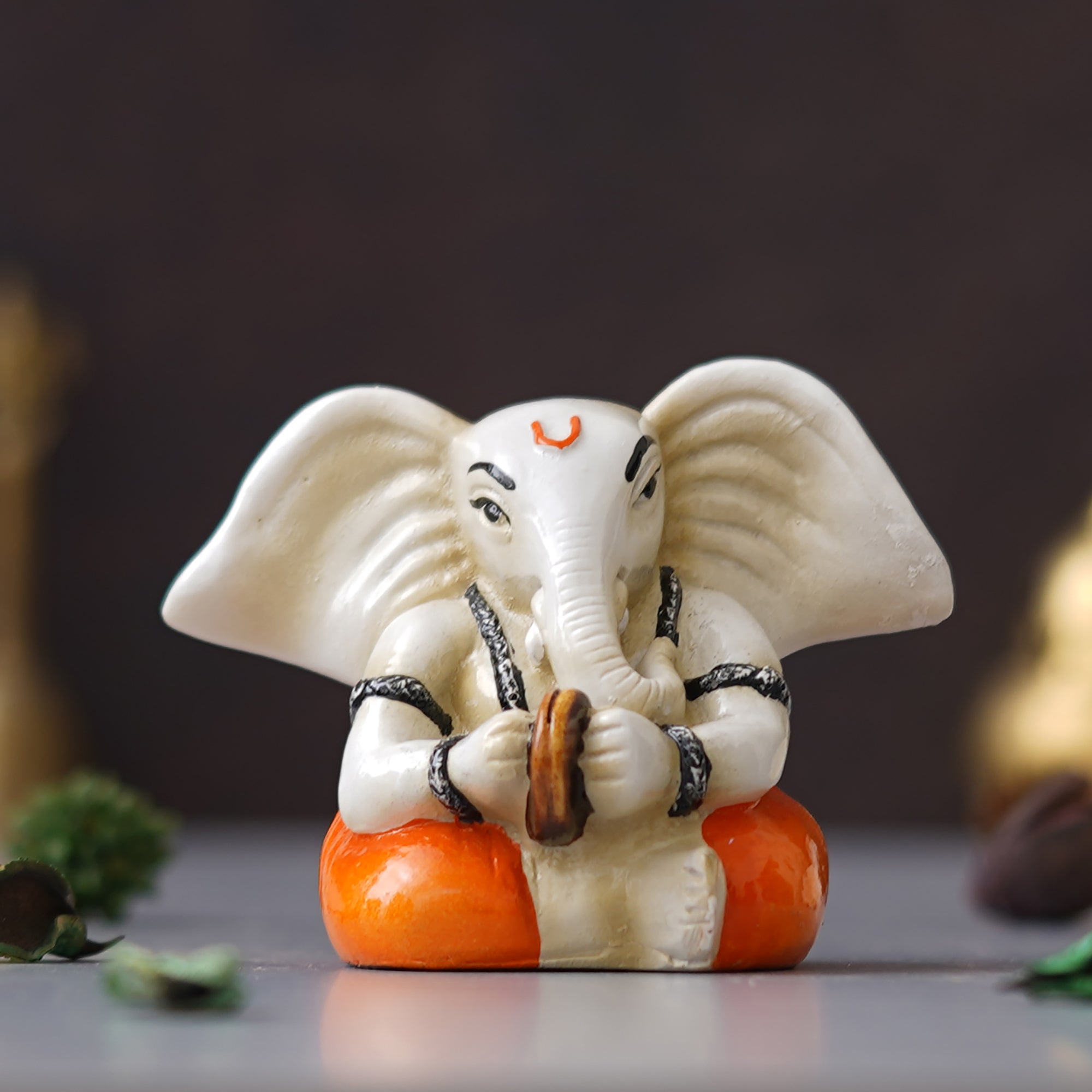 eCraftIndia White & Orange Polyresin Lord Ganesha Idol Playing Cymbals Musical Instrument 4