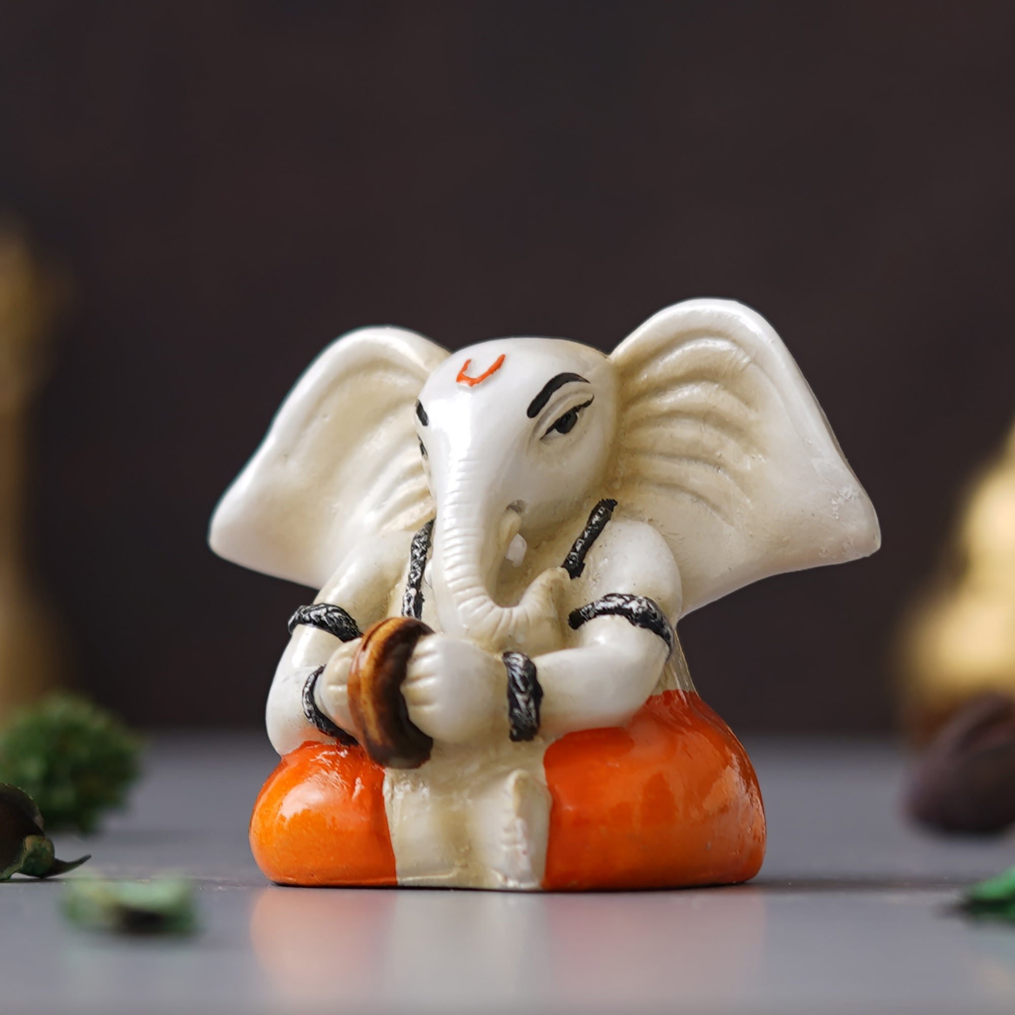eCraftIndia White & Orange Polyresin Lord Ganesha Idol Playing Cymbals Musical Instrument 5