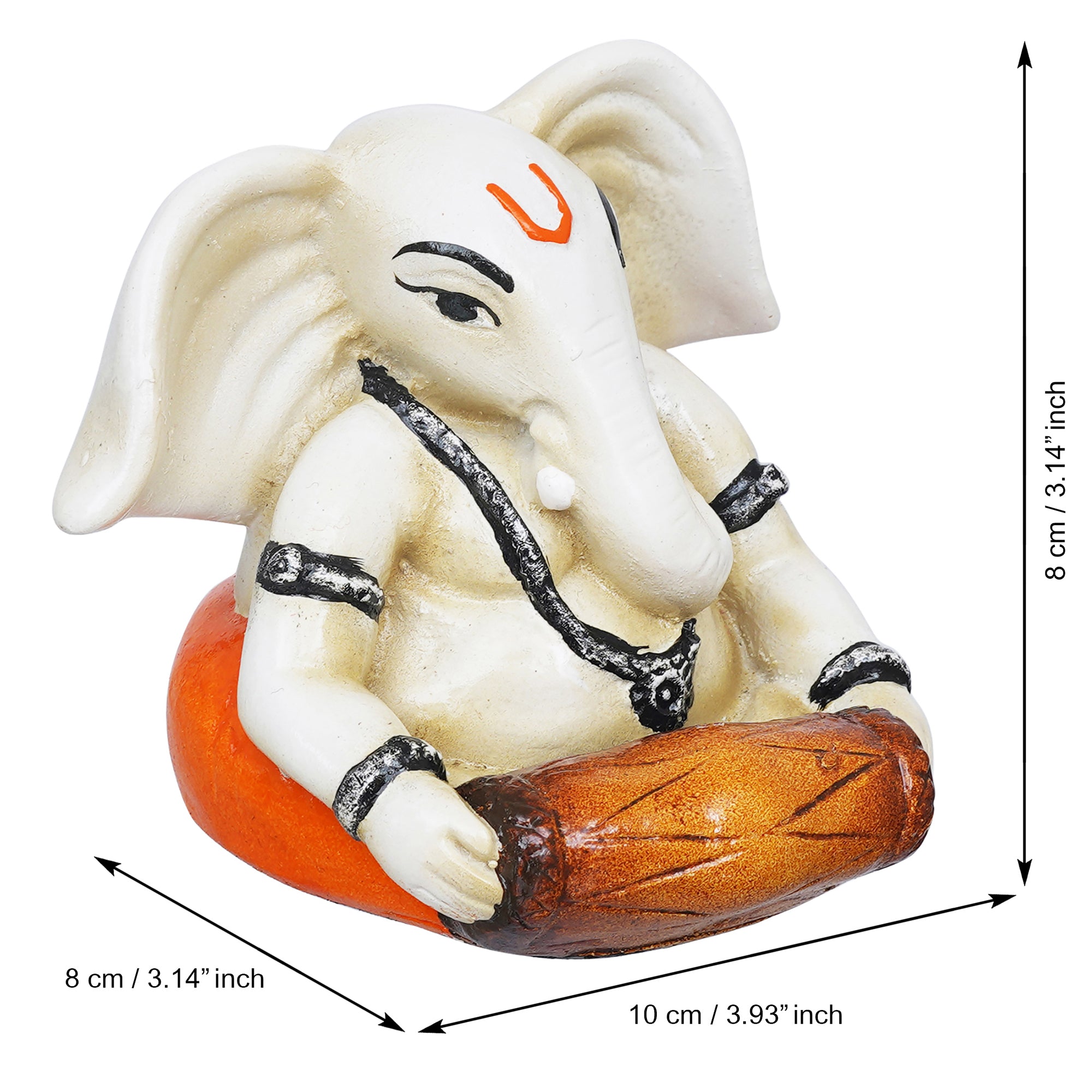 eCraftIndia White & Orange Polyresin Handcrafted Lord Ganesha Idol Playing Tabla Musical Instrument 3