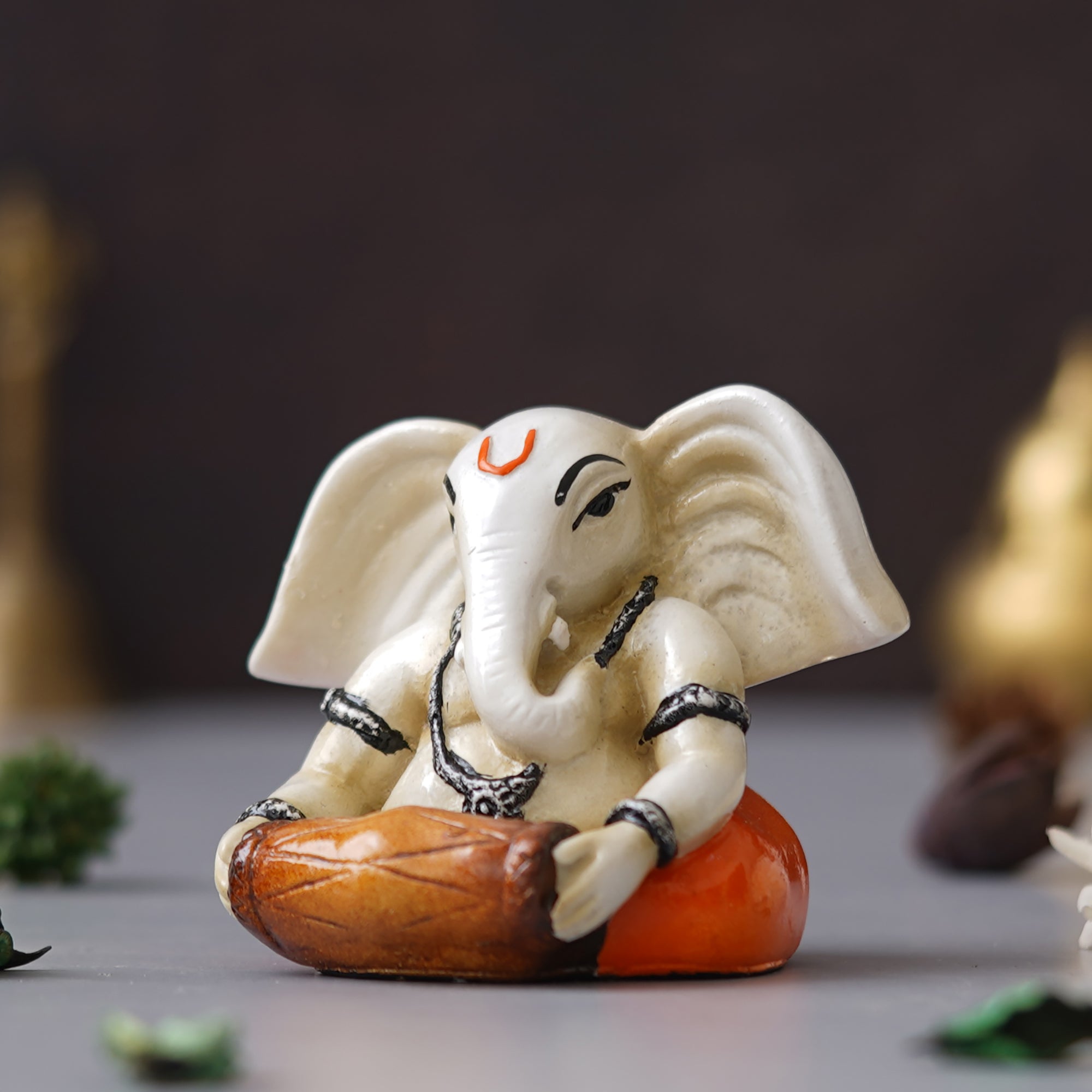 eCraftIndia White & Orange Polyresin Handcrafted Lord Ganesha Idol Playing Tabla Musical Instrument 5