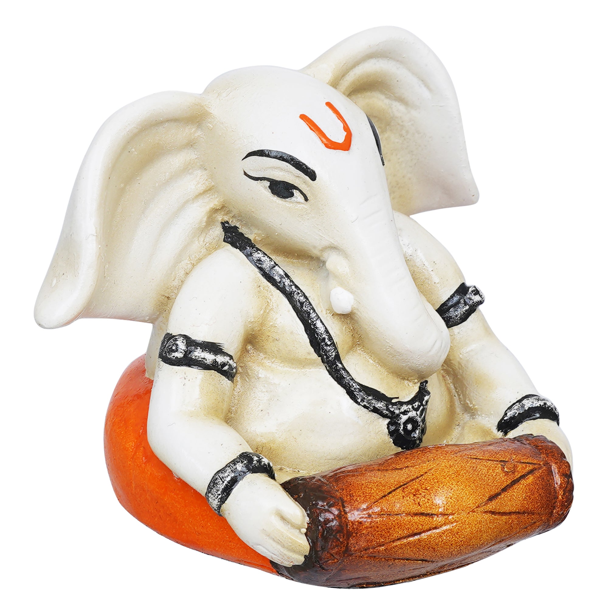 eCraftIndia White & Orange Polyresin Handcrafted Lord Ganesha Idol Playing Tabla Musical Instrument 6