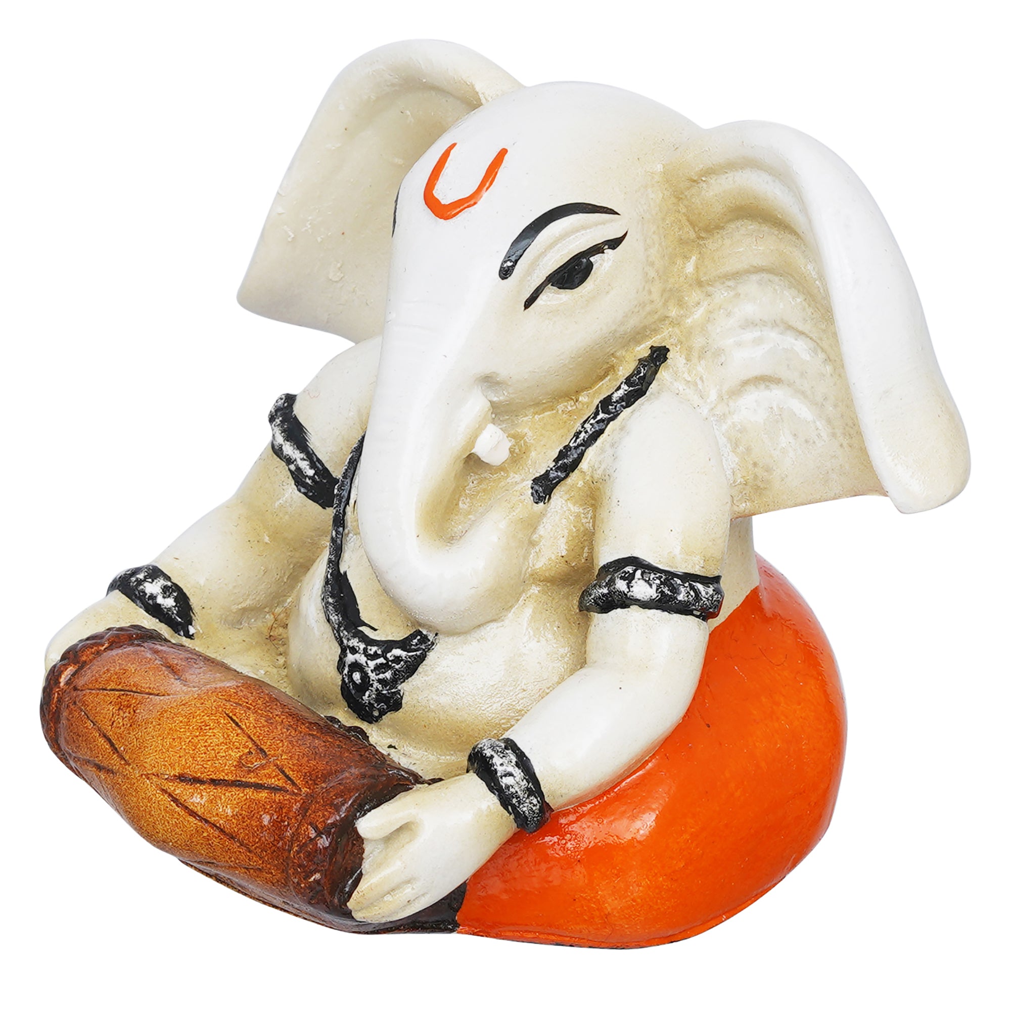 eCraftIndia White & Orange Polyresin Handcrafted Lord Ganesha Idol Playing Tabla Musical Instrument 7
