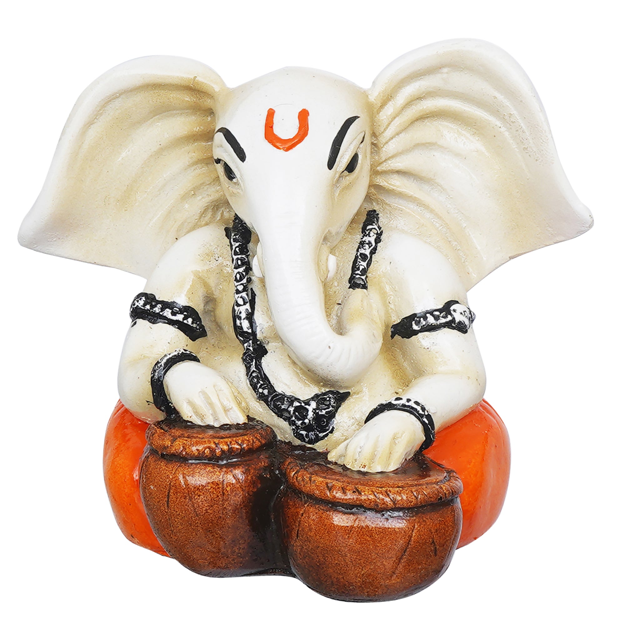 eCraftIndia White & Orange Polyresin Handcrafted Lord Ganesha Idol Playing Tabla Musical Instrument 2