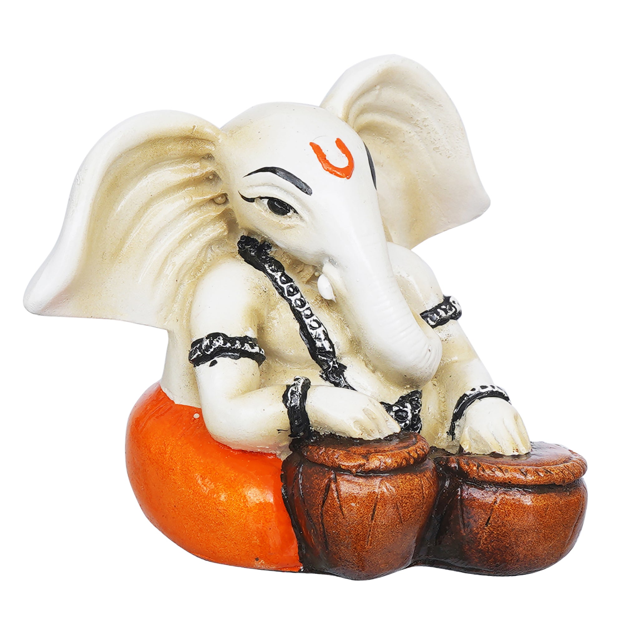 eCraftIndia White & Orange Polyresin Handcrafted Lord Ganesha Idol Playing Tabla Musical Instrument 6