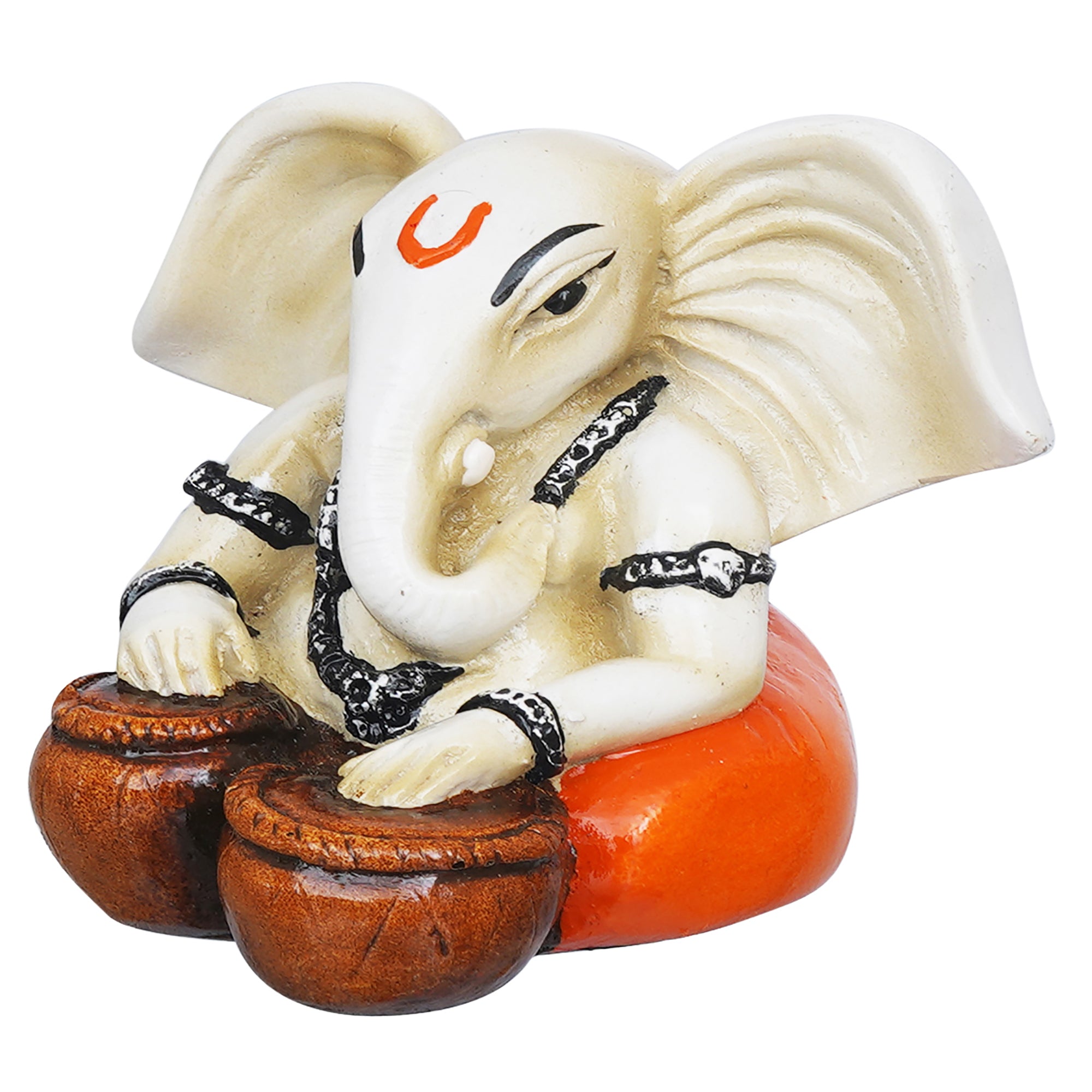 eCraftIndia White & Orange Polyresin Handcrafted Lord Ganesha Idol Playing Tabla Musical Instrument 7