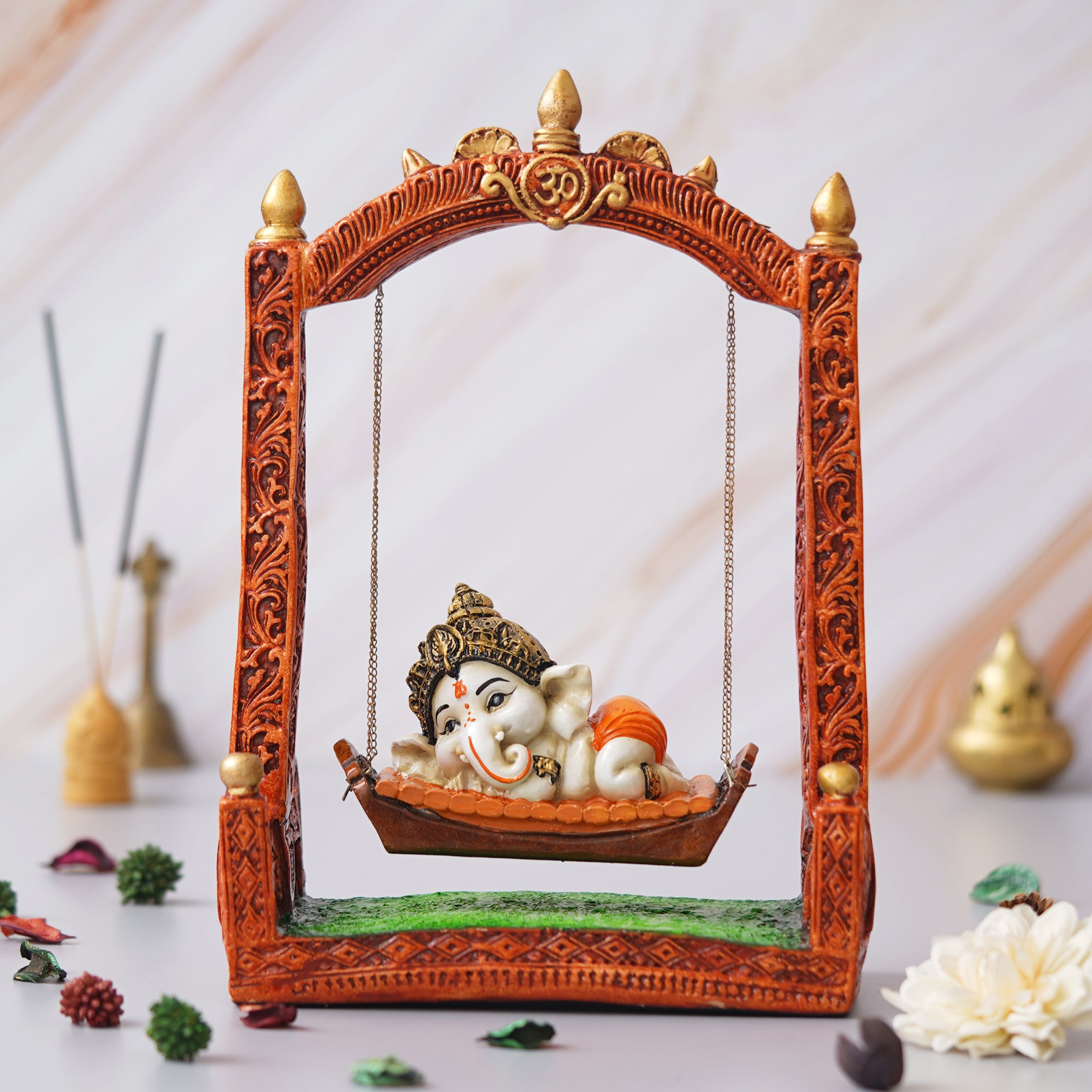eCraftIndia Multicolor Polyresin Lord Ganesha Idol Resting On A Swing Decorative Showpiece 4