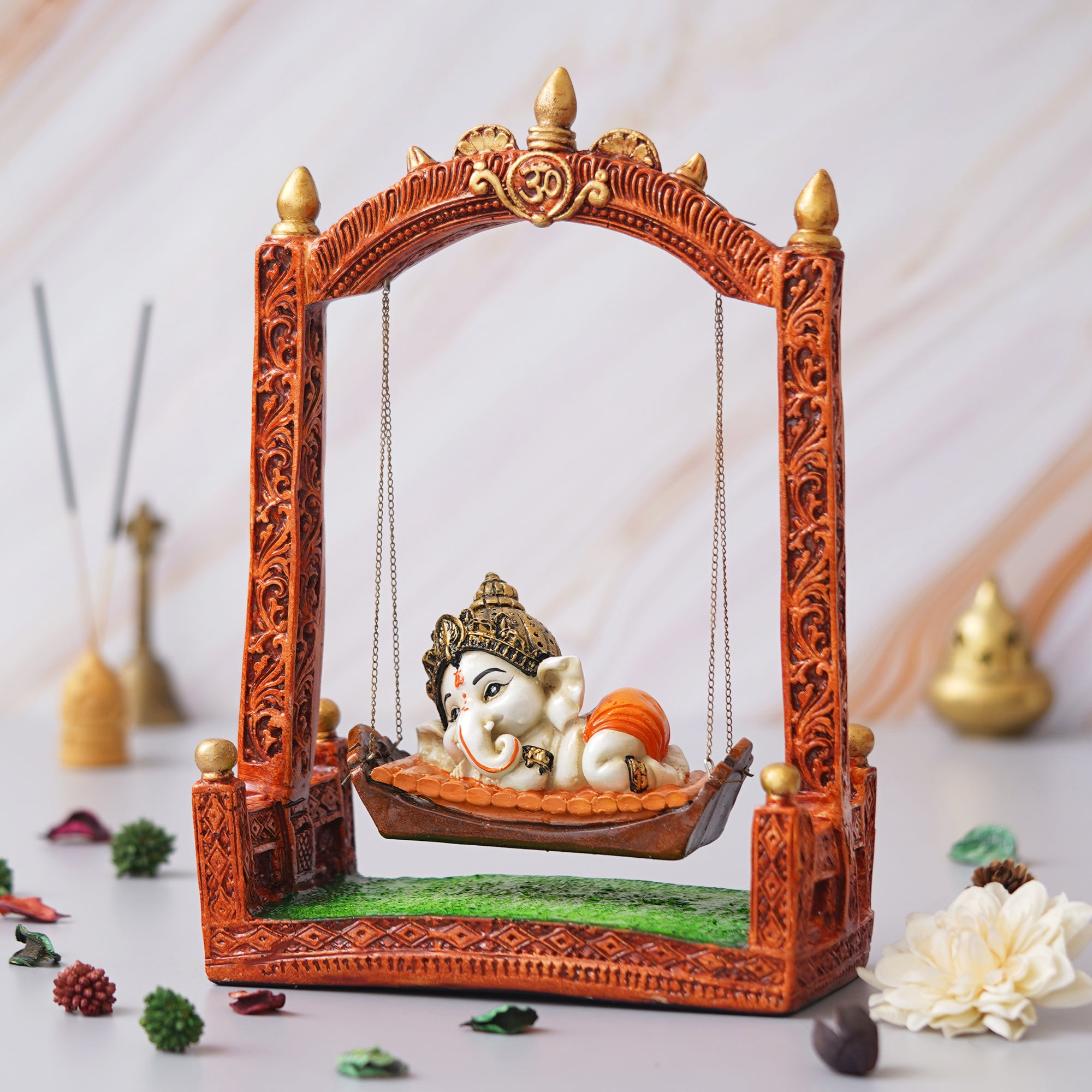 eCraftIndia Multicolor Polyresin Lord Ganesha Idol Resting On A Swing Decorative Showpiece 5