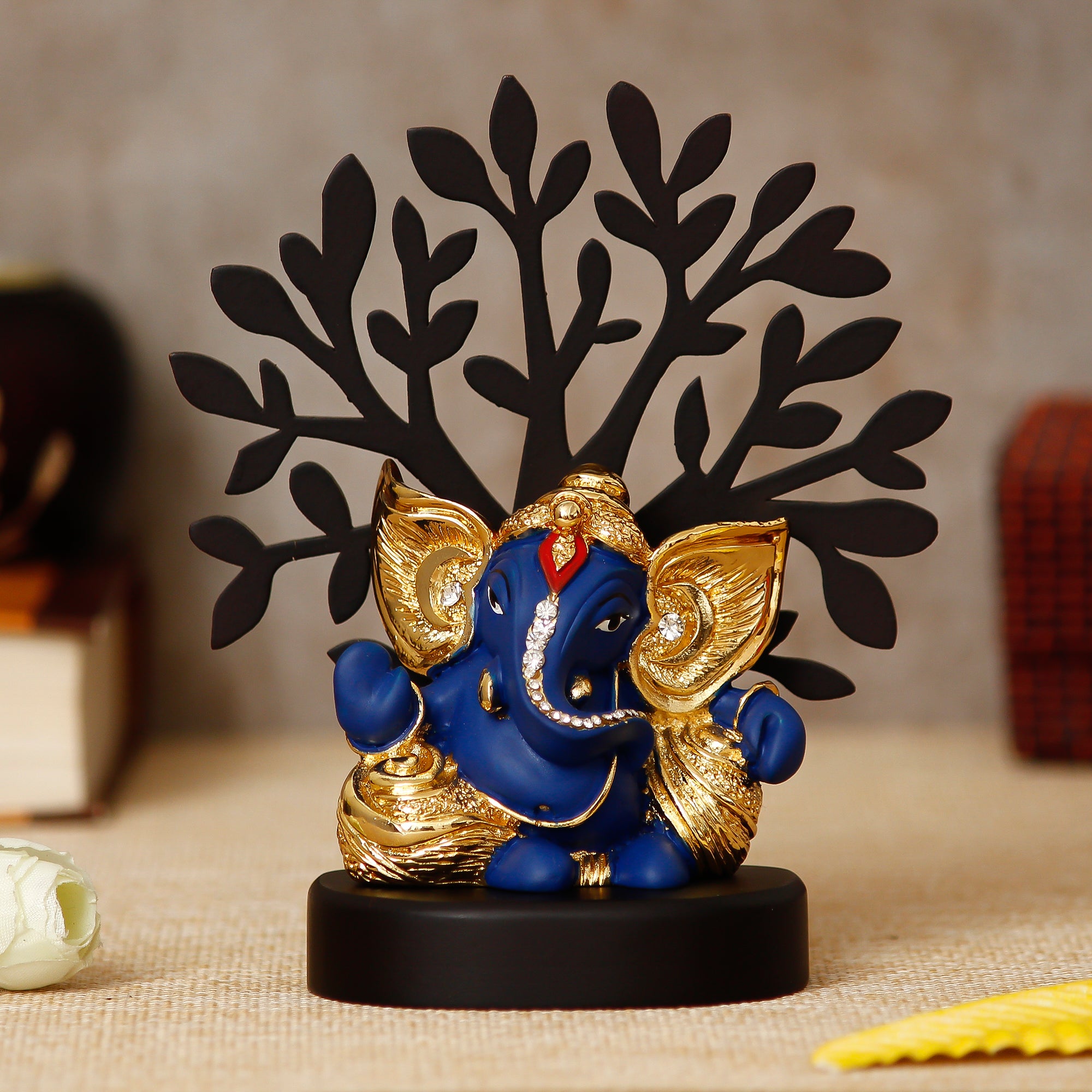 Gold Plated Blue Polyresin Ganesha Idol with Wooden Tree for Home, Office and Car Dashboard