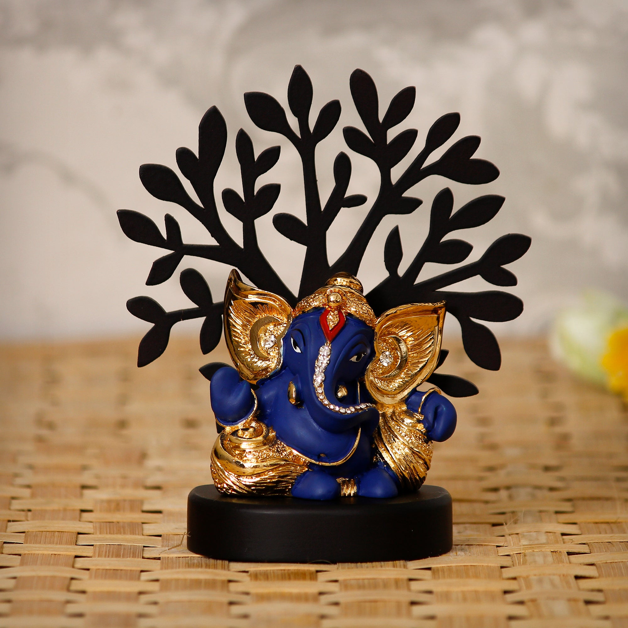 Gold Plated Blue Polyresin Ganesha Idol with Wooden Tree for Home, Office and Car Dashboard 1