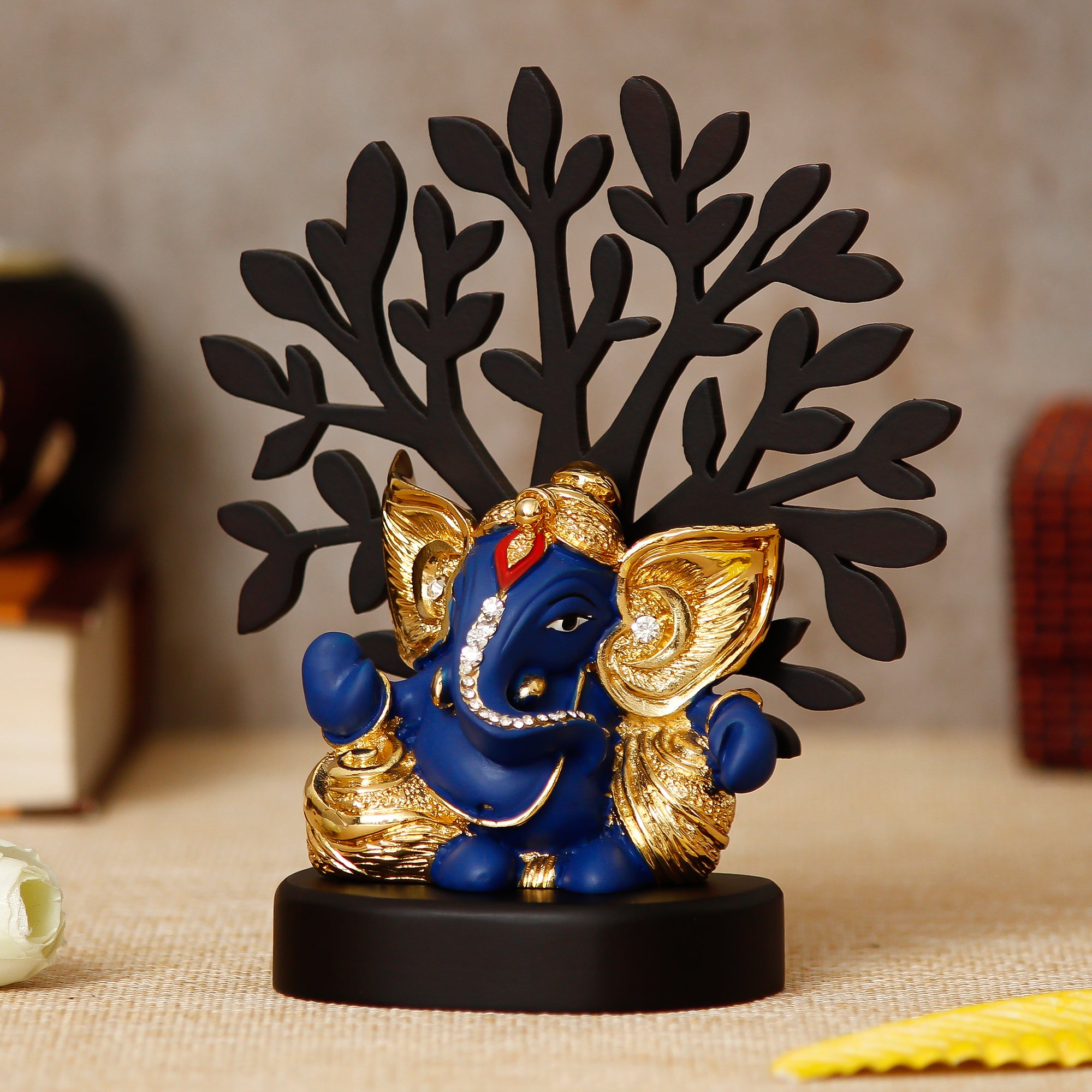 Gold Plated Blue Polyresin Ganesha Idol with Wooden Tree for Home, Office and Car Dashboard 2