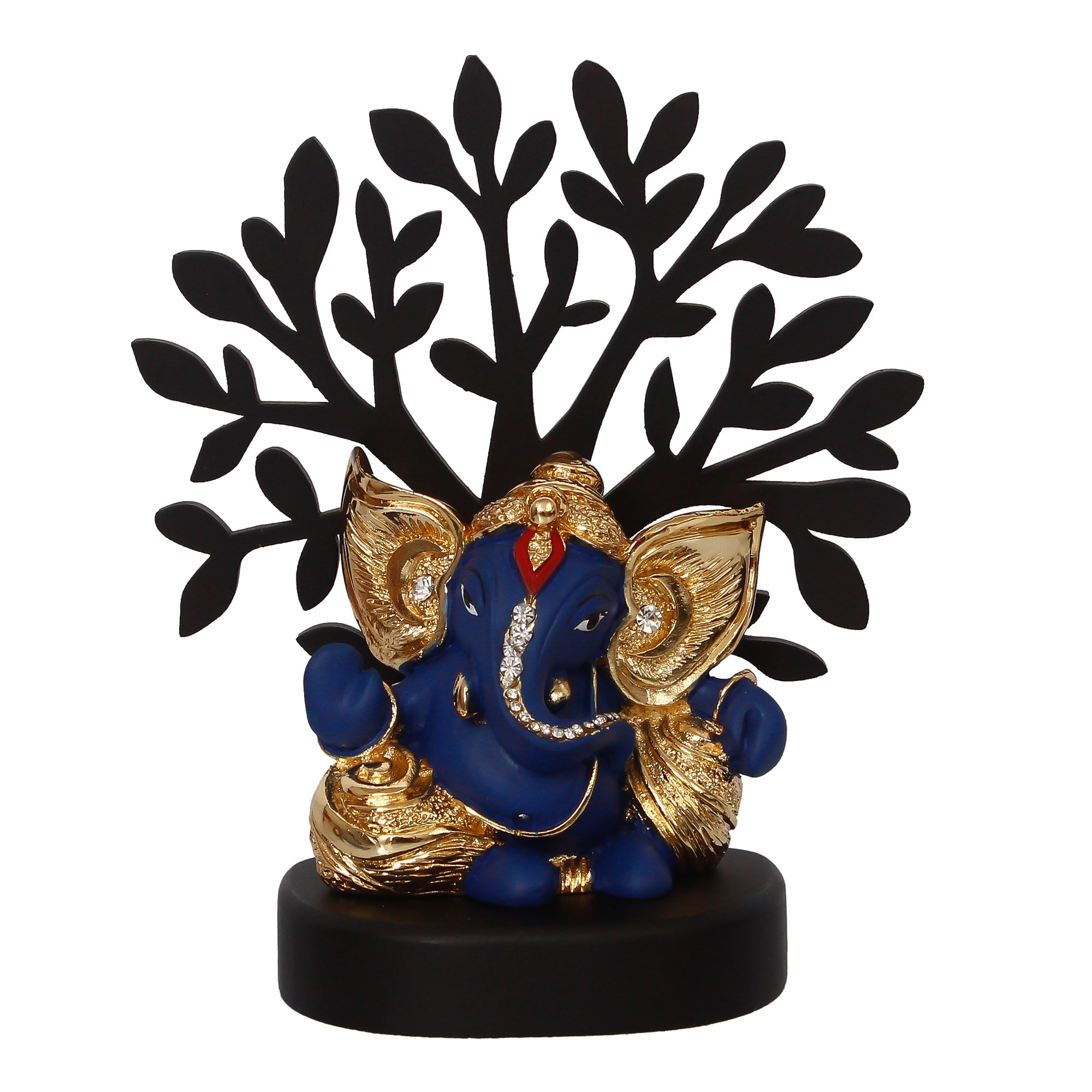 Gold Plated Blue Polyresin Ganesha Idol with Wooden Tree for Home, Office and Car Dashboard 3