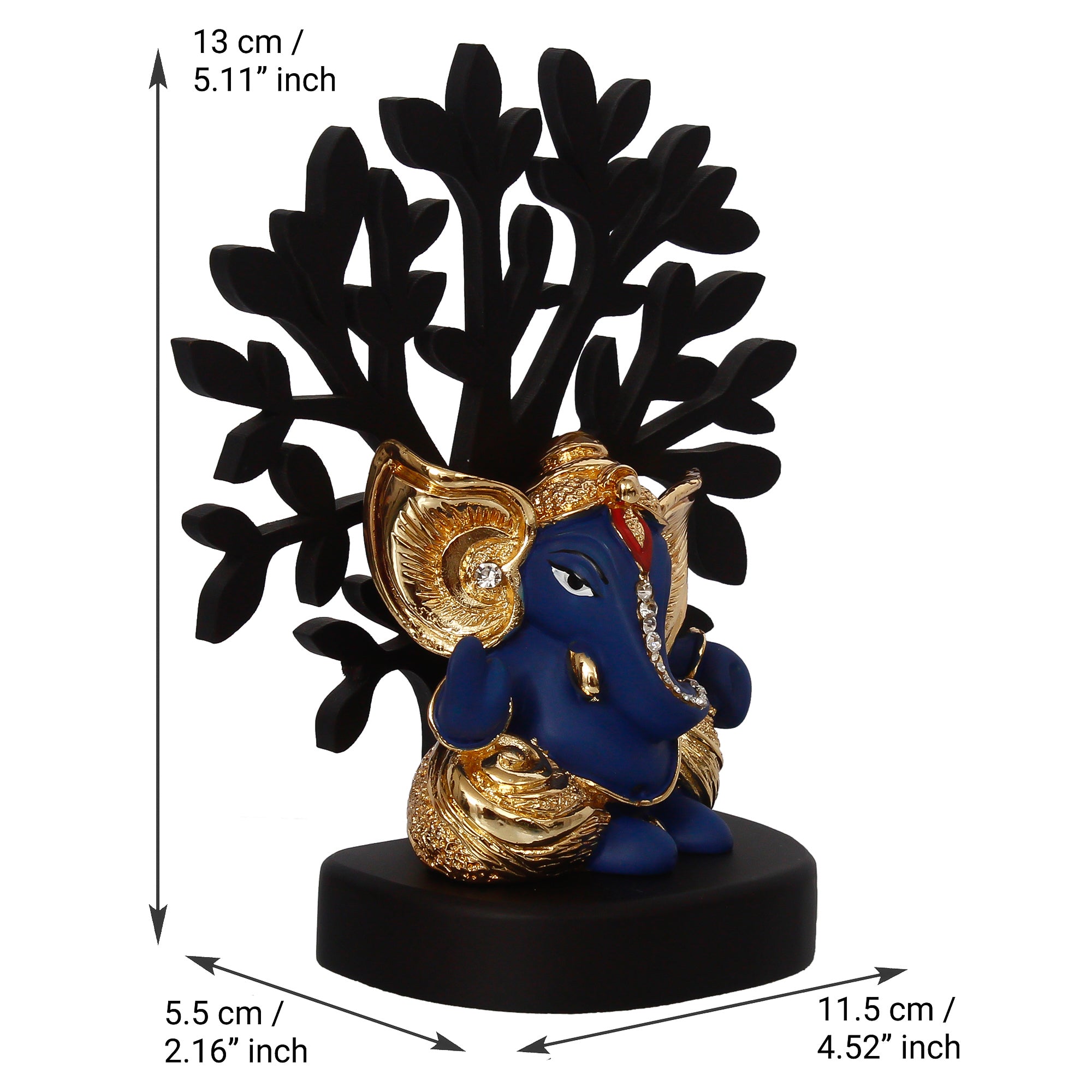 Gold Plated Blue Polyresin Ganesha Idol with Wooden Tree for Home, Office and Car Dashboard 4